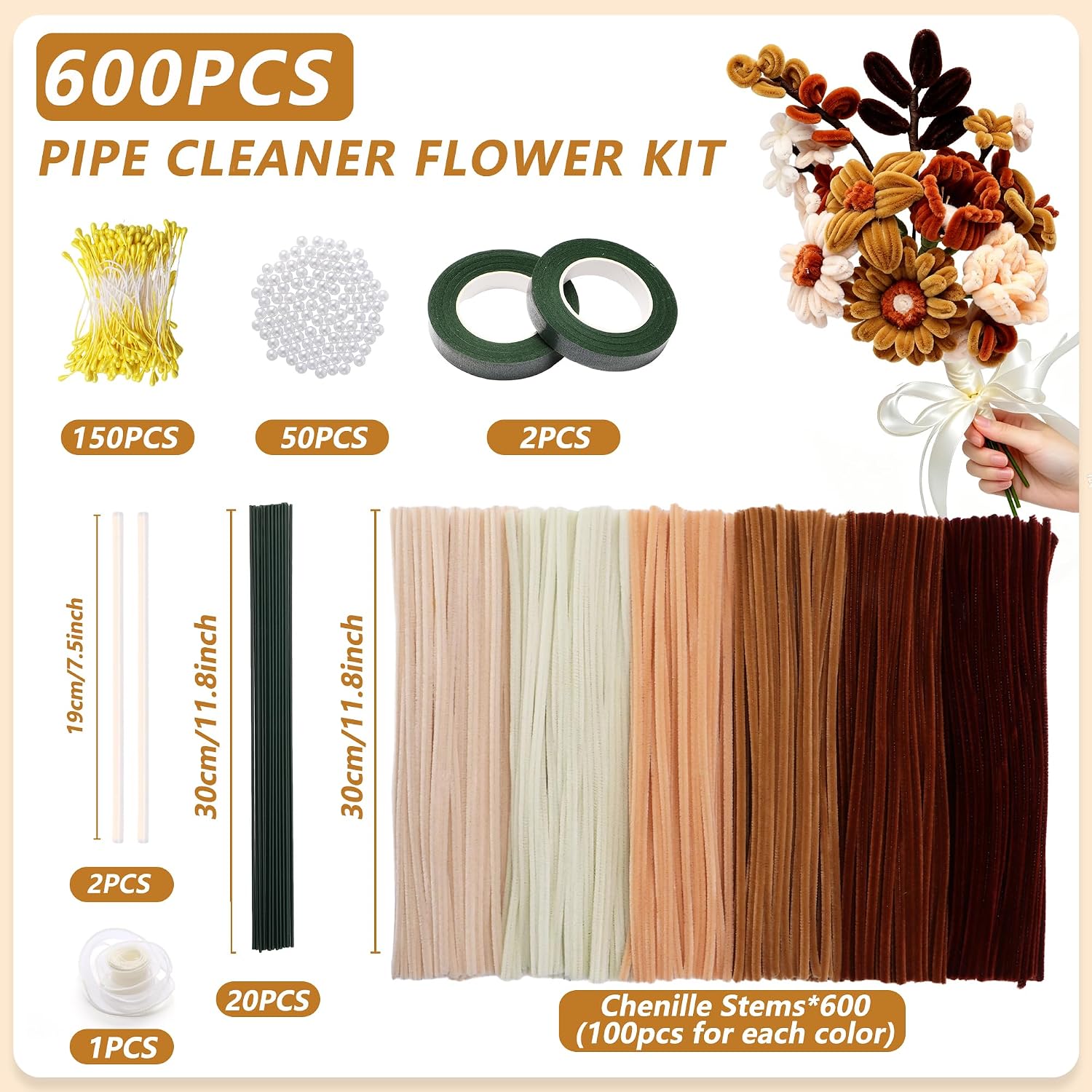 Detalle de Pipe Cleaners 600-Piece Flower Craft Kit with 6 Colours and Floral Accessories