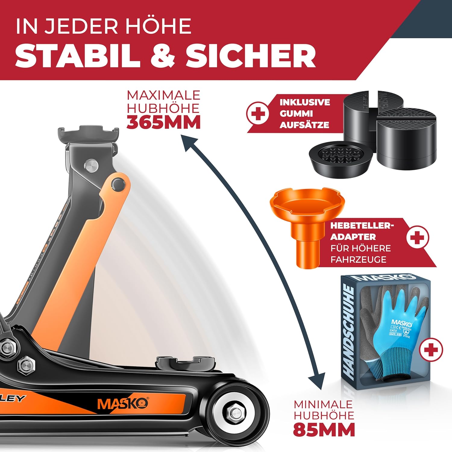 Thumbnail 3 de MASKO® hydraulischer Wagenheber 2,5 t, flach (85–365 mm) inkl. Koffer & Handschuhe – für PKW/SUV