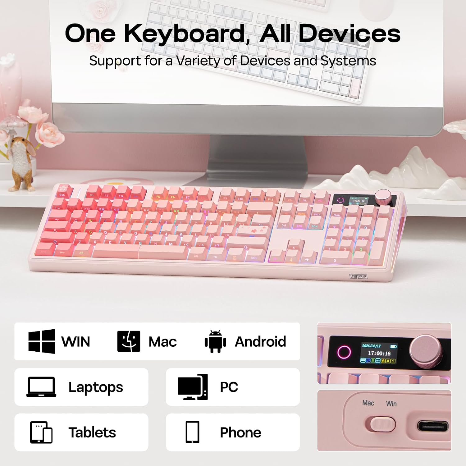 Thumbnail 5 de EPOMAKER TH108 V2 PRO: Full-Size Mechanical Keyboard with Screen & Knob (Pink, Creamy Jade)