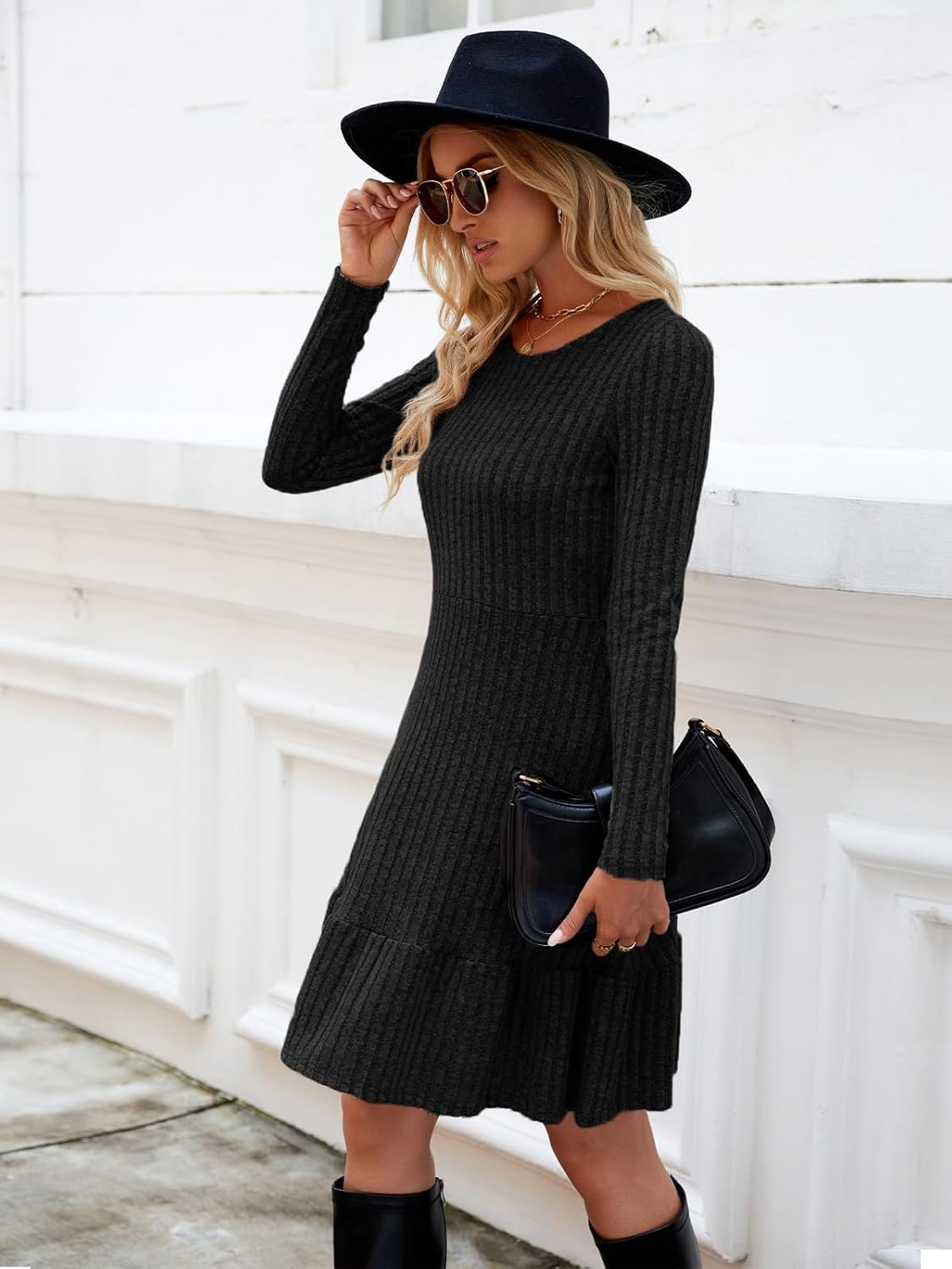 Thumbnail 2 de Zetieny Strickkleid Damen Langarm mit Rundhalsausschnitt – A-Linie, knielang für Herbst & Winter