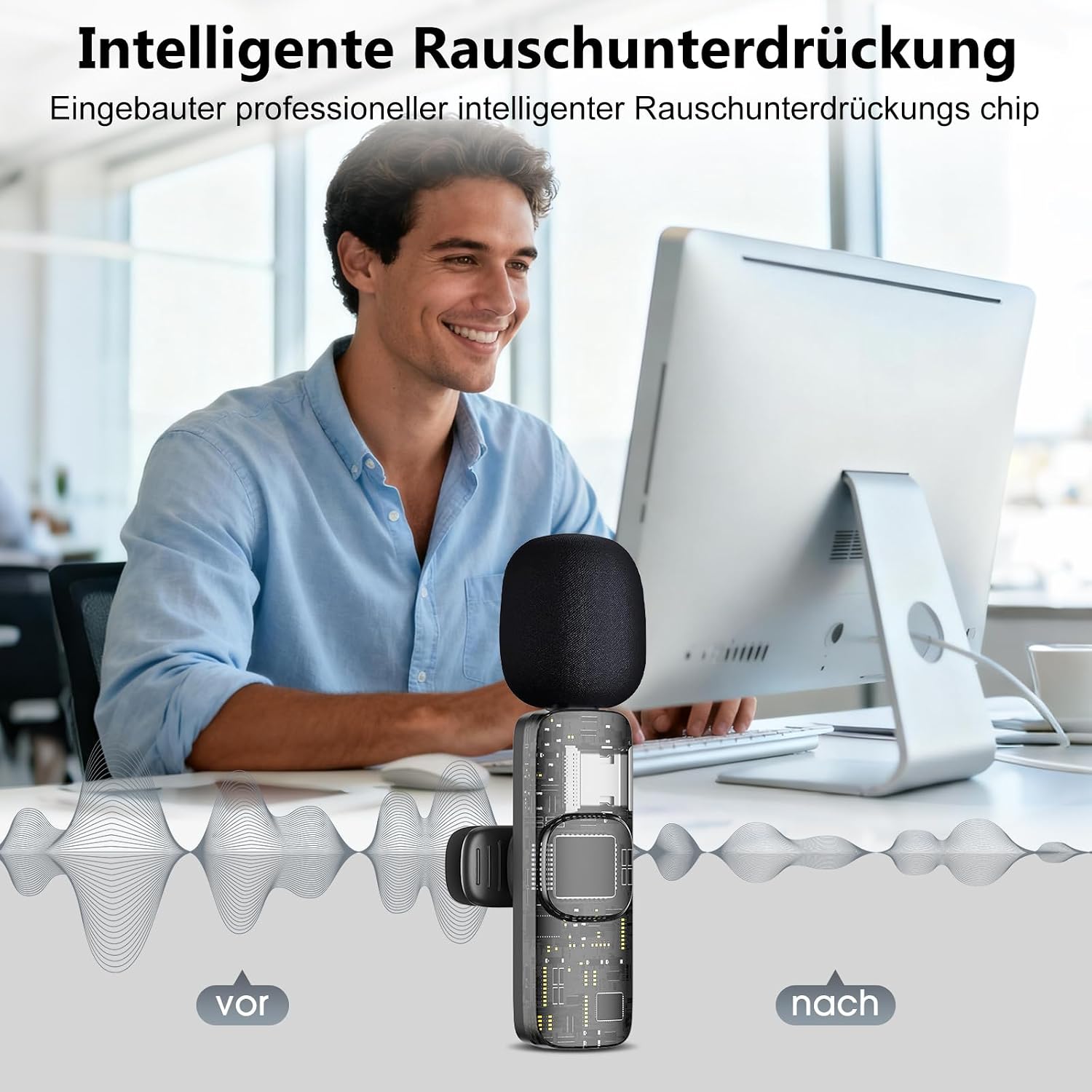 Detalle de QINOJA Wireless Lavalier Mikrofon 4-in-1 für iPhone, Handy, Kamera und Computer – kabelloses Ansteckmikrofon