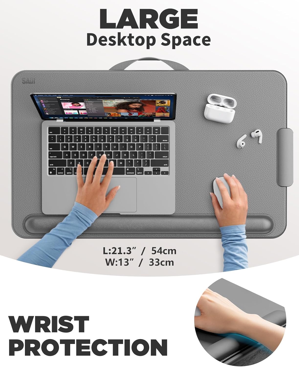 Thumbnail 1 de SAIJI Lap Desk Anti-Slip Leather Laptop Tray with Drawer, Soft Wrist Rest (54 x 33cm, fits up to 17")