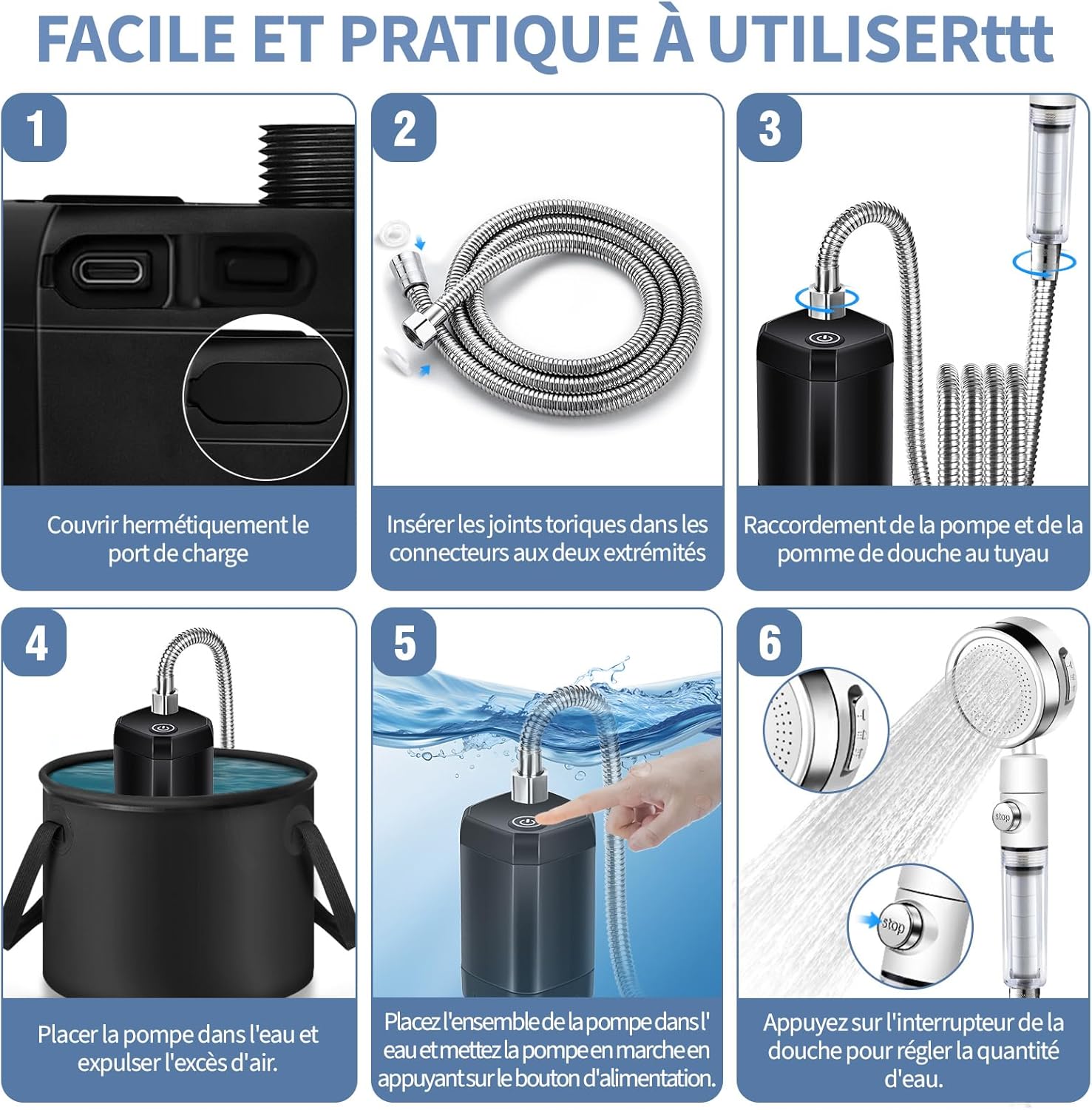 Thumbnail 4 de Douche de camping YOOHBERRYS avec filtrage triple et seau pliable 20 L, 6000 mAh, recharge USB-C