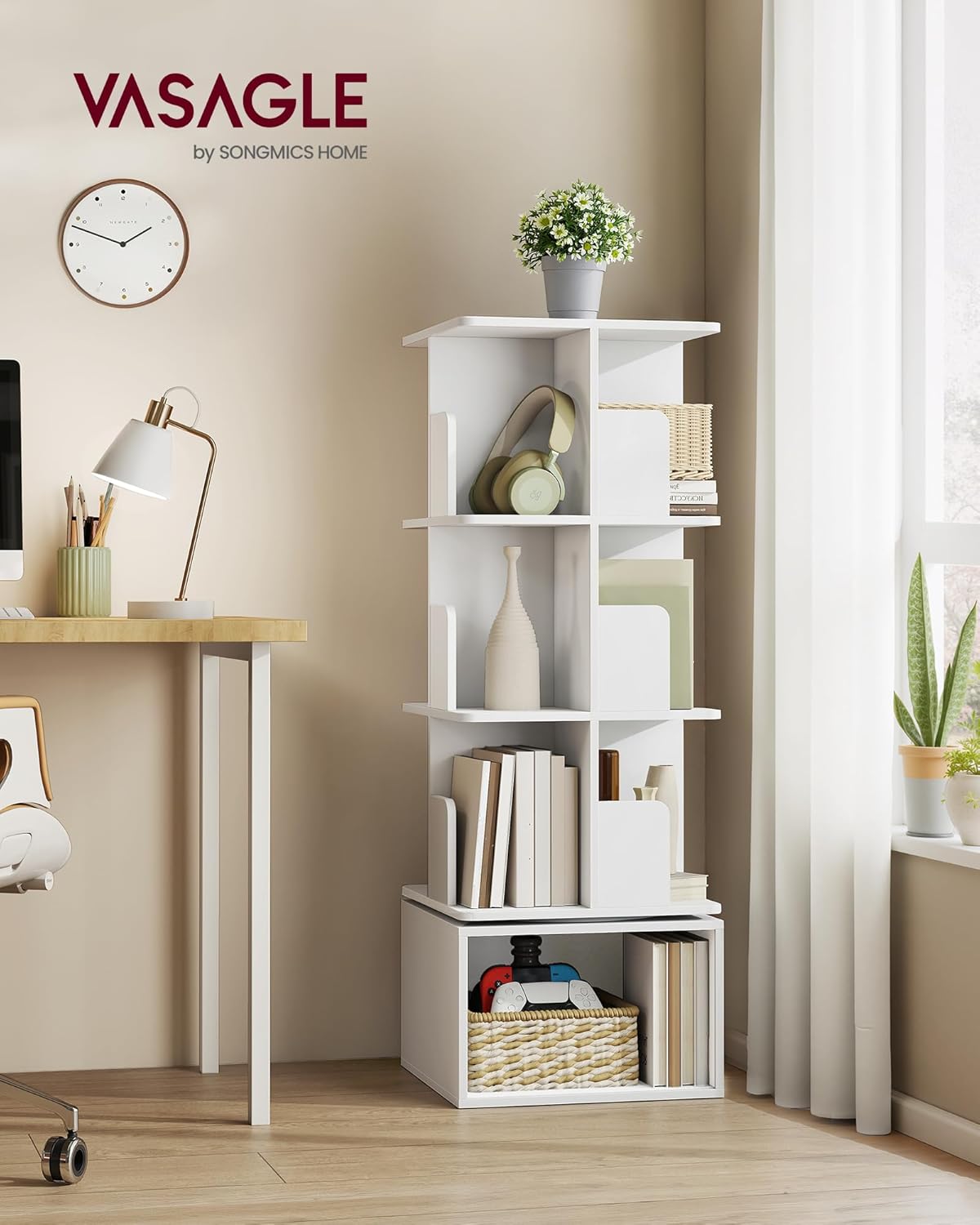 Thumbnail 1 de VASAGLE CUSTOS Collezione Libreria Scaffale Girevole a 360° 4 Ripiani, Bianco Nuvola LBC471WB01