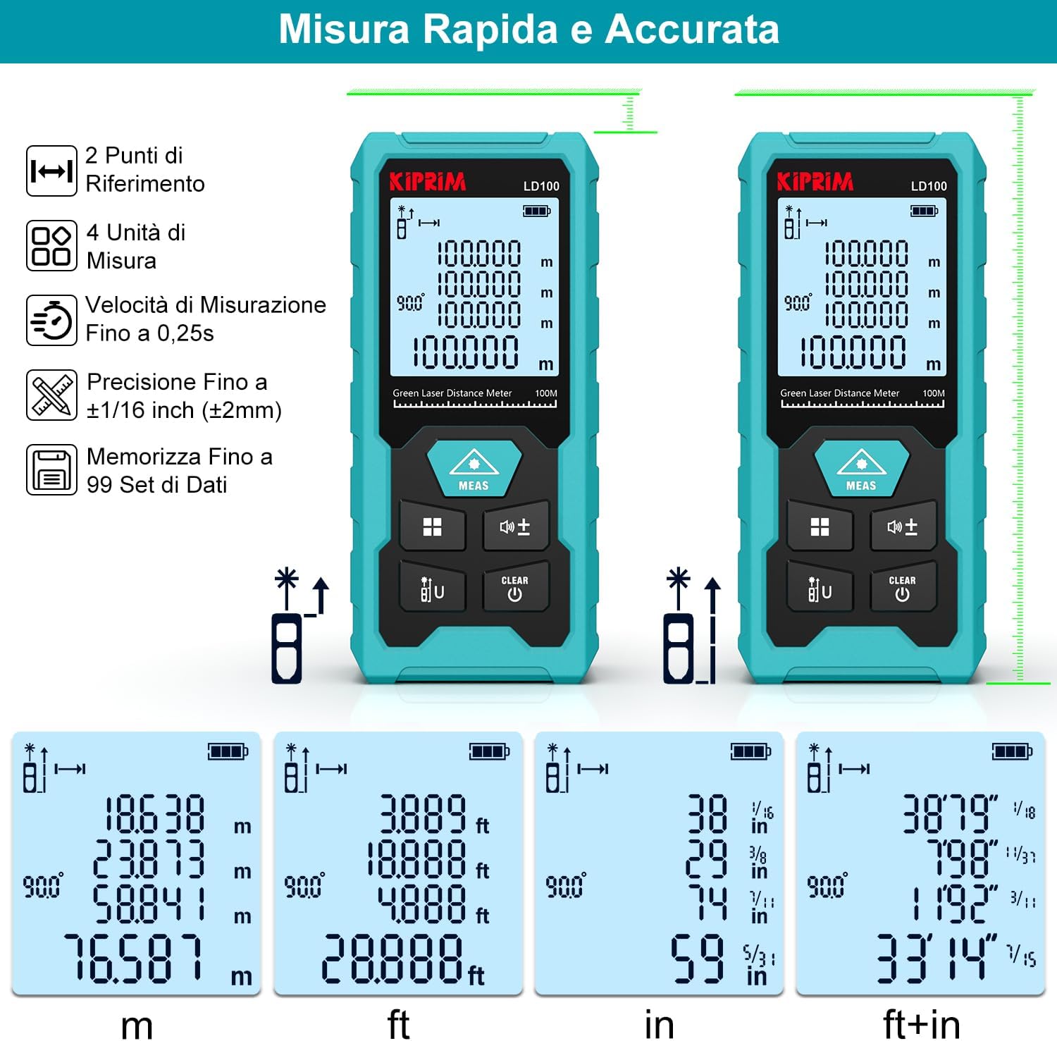 Detalle de Kiprim LD100 Metro Laser Professionale verde fino a 100 m, ±2 mm, Classe II, USB-C ricaricabile