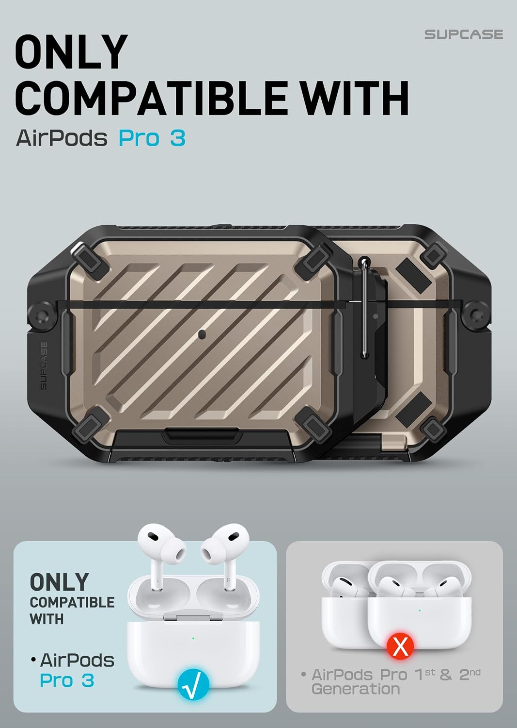 Detalle 2 de SUPCASE AirPods Pro 3 Case with Lock & Carabiner – Desert, IP68 Waterproof, MagSafe Compatible