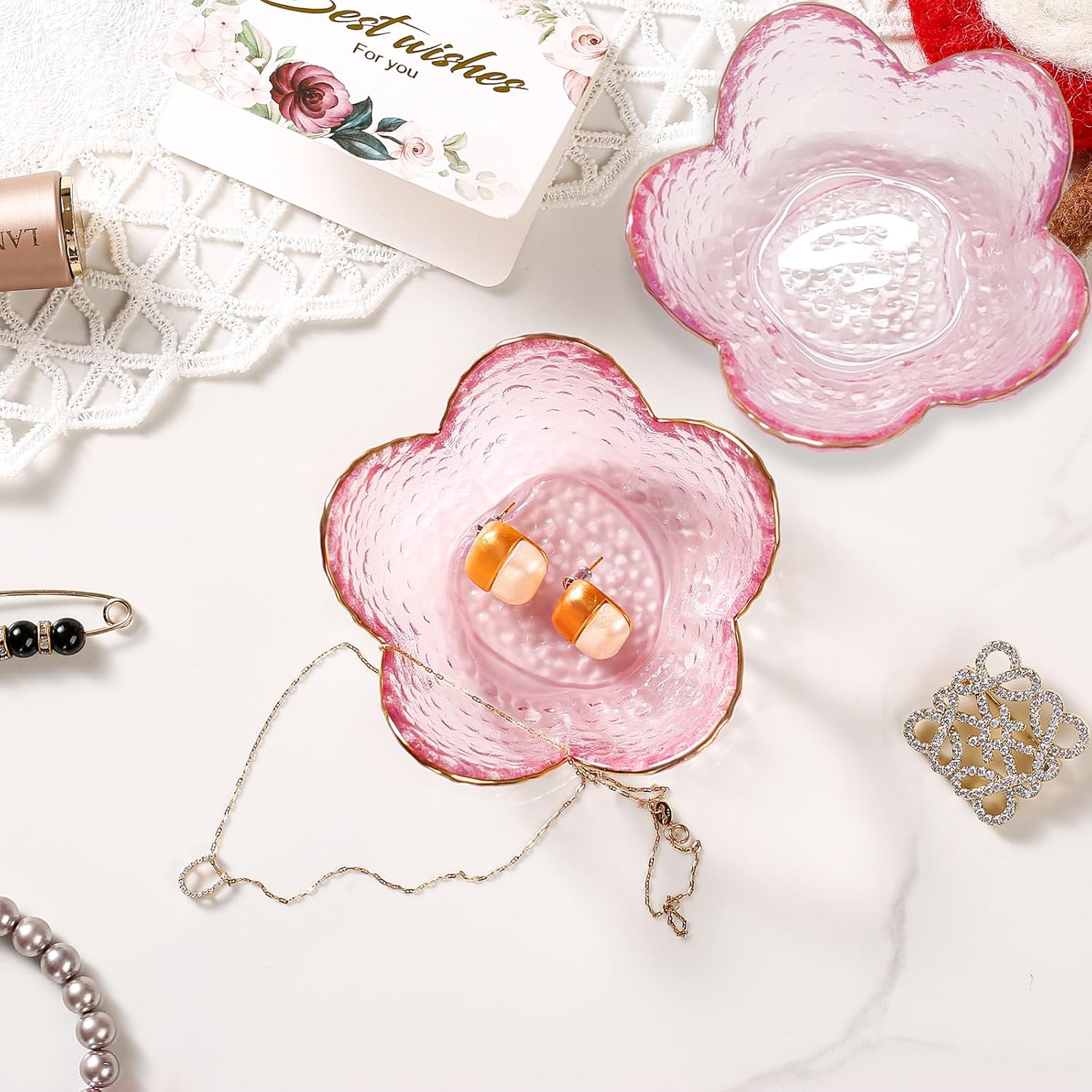 Detalle 2 de Binoster Pink Flower Trinket Dish Set (2 pcs) – Jewellery and Ring Holders for Small Desk or Bedroom Storage