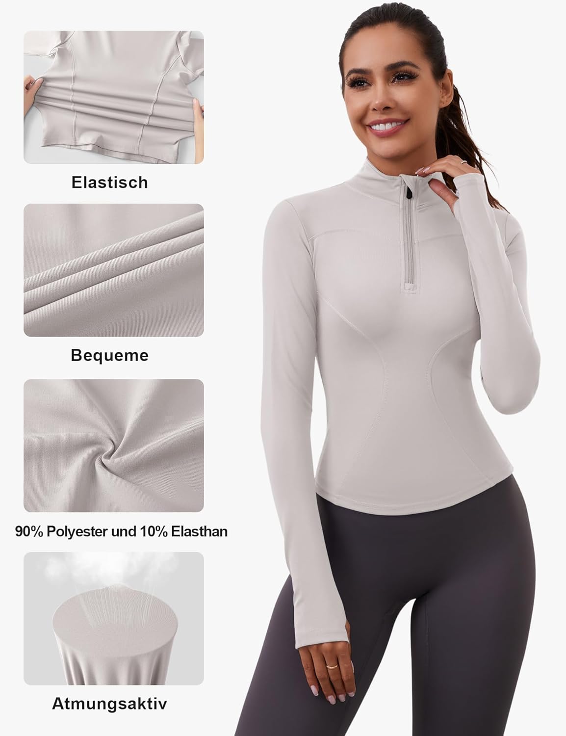 Thumbnail 3 de Rapbin Damen Langarm Sportshirt mit 1/4 Reißverschluss und Daumenloch – leichtes Fitness-Oberteil für Laufen, Gym und Alltag