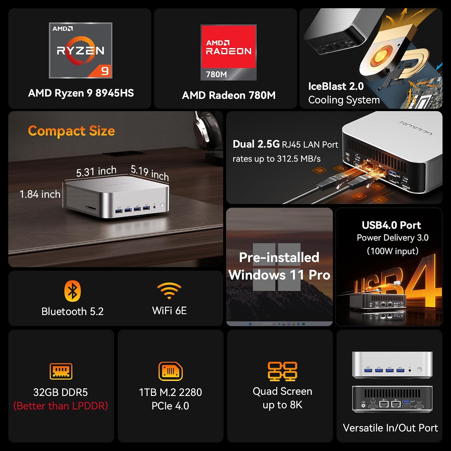 Detalle 2 de GEEKOM A8 Max mini PC with USB4, 32GB