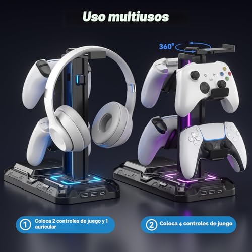Detalle de KDD LED: Soporte para Auriculares Gaming con Carga Inalámbrica, Mando PS5 y Cascos – 2 USB, USB-C y 9 Modos de Luz