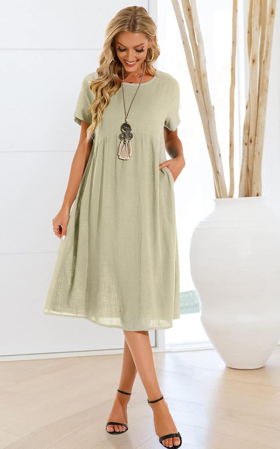Thumbnail 5 de Tincini Sommerkleid Damen – Leinen Midi mit V-Ausschnitt, Reißverschluss und A-Linie