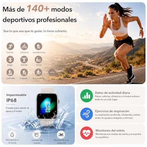 Detalle de AOYBWK Reloj Inteligente para Mujer y Hombre con Llamadas Bluetooth, 140+ Modos Deportivos y Monitor de Salud IP68