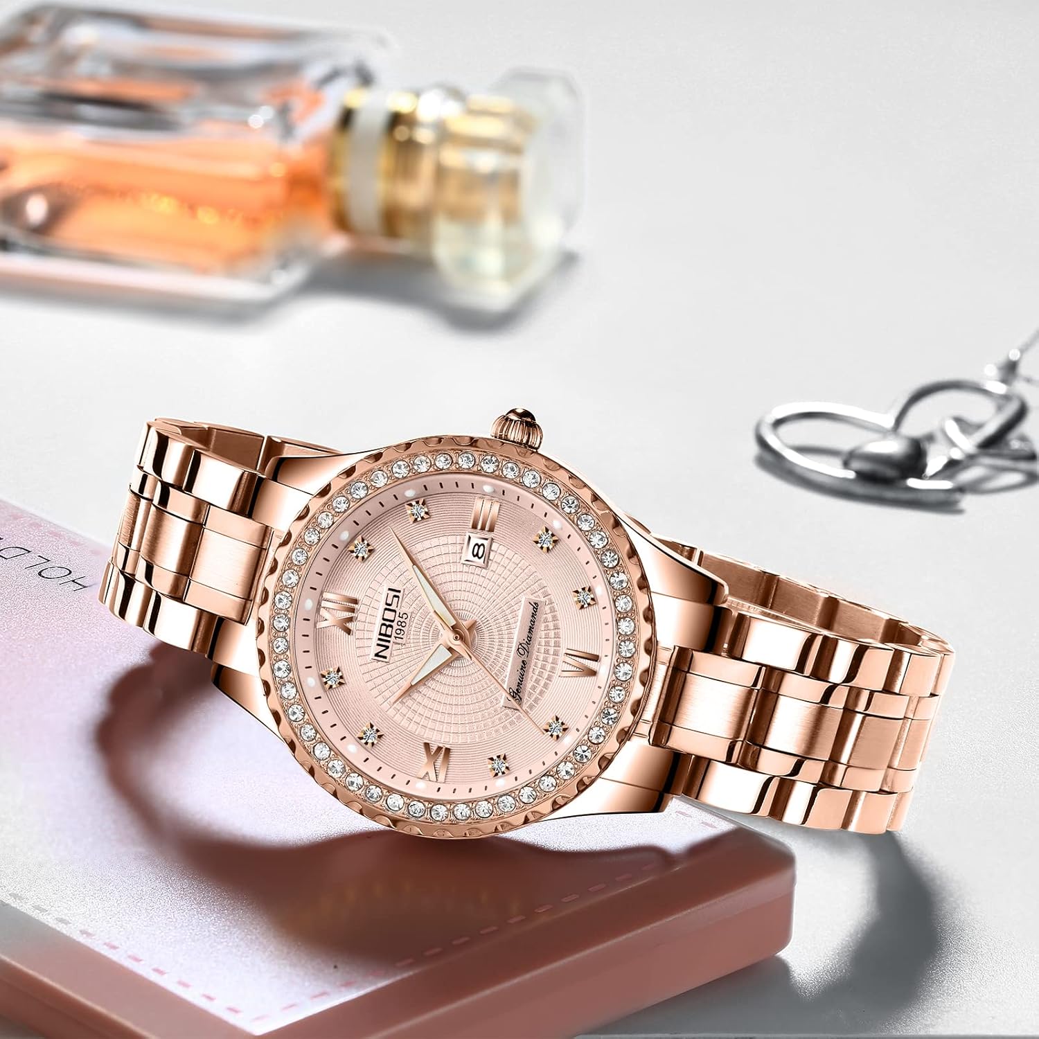 Thumbnail 4 de NIBOSI Damen-Armbanduhr mit Quarzwerk, Roségold-Optik und Diamant-Zifferblatt