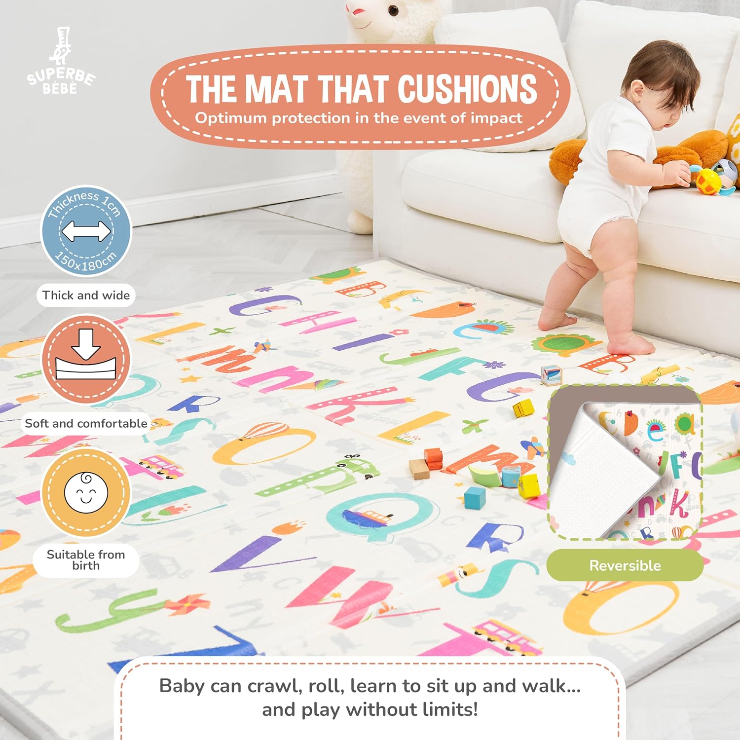 Thumbnail 1 de Tapis d'éveil bébé SUPERBE BEBE pliable épais réversible 150x180 cm — jeu d'éveil XXL en mousse