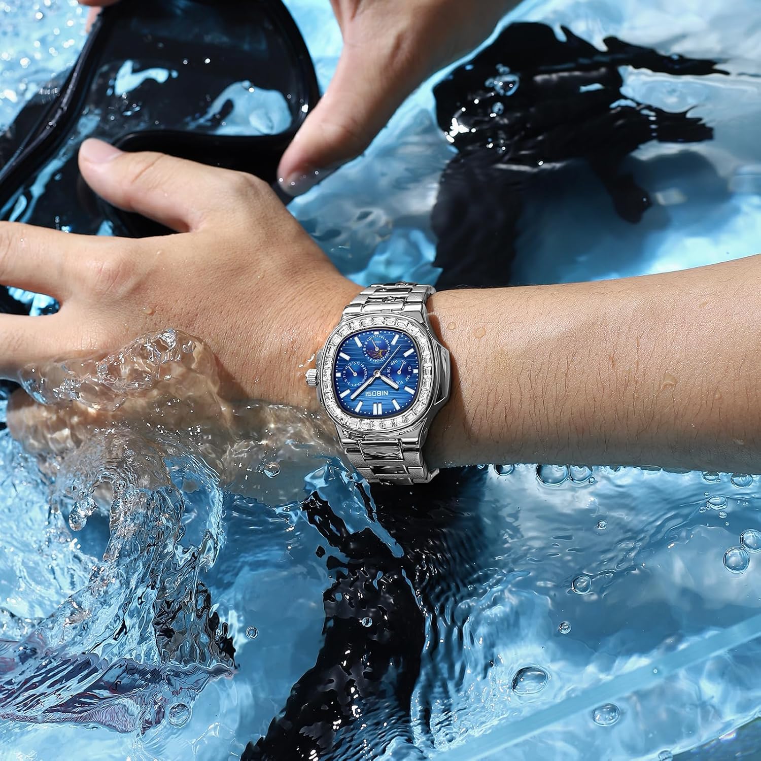 Detalle de NIBOSI Herren Analoge Quarzuhr mit Chronograph, Mondphase und Diamantlünette – Edelstahl, Roségold/Silber