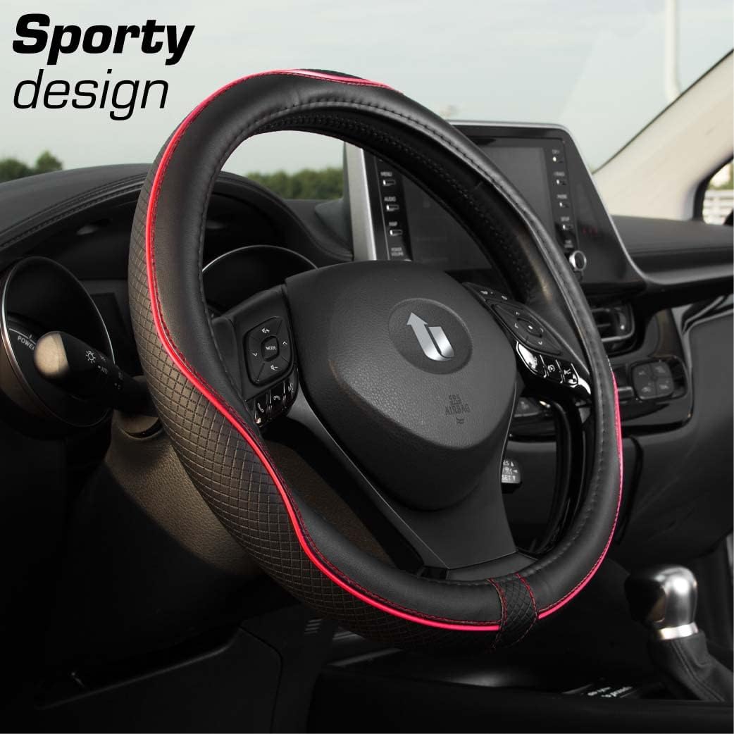 Thumbnail 1 de Upgrade4cars Red & Black Leather Look Steering Wheel Cover – 14.5–15 inch Universal Fit
