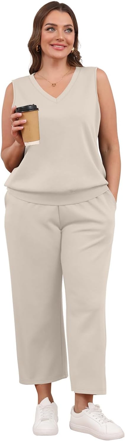 Detalle 2 de WIHOLL Two Piece Set for Women: Summer Lounge Set with V-Neck Top and Wide-Leg Pants