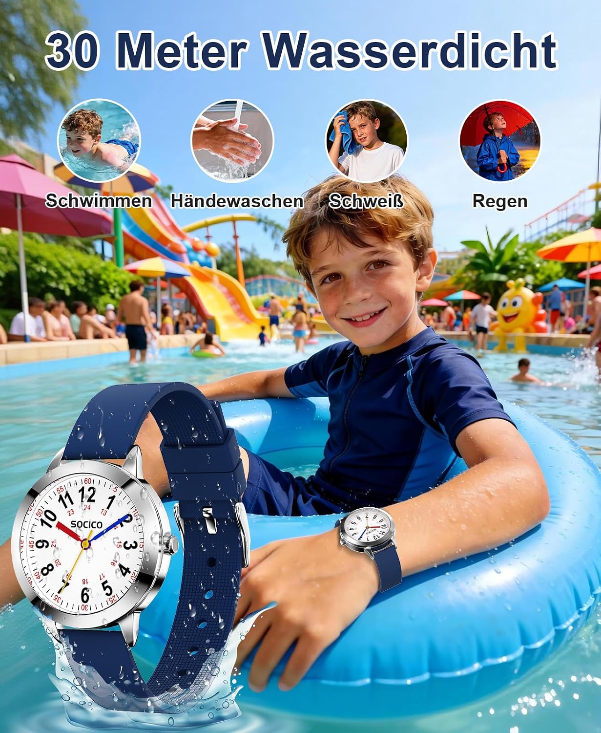 Thumbnail 1 de SOCICO Lernuhr Kinder Armbanduhr Blau – Analoge Kinderuhr, 3ATM Wasserdicht, Lernhilfe für Jungen und Mädchen