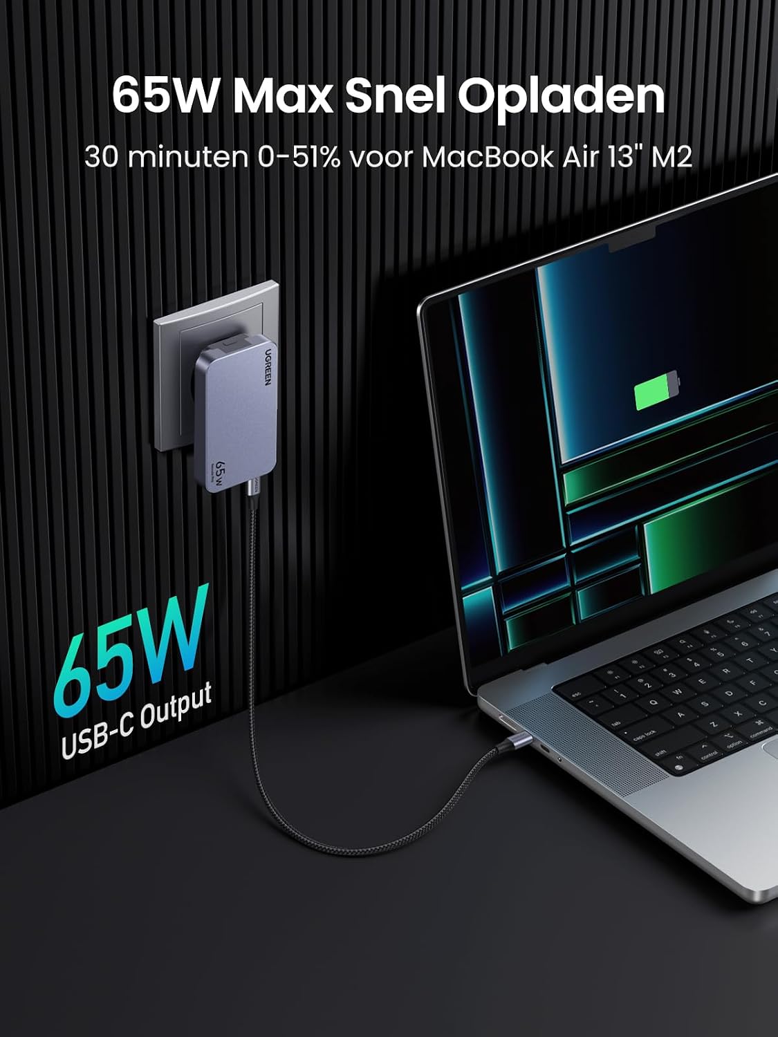 Detalle de UGREEN Nexode Pro 65W-reislader met 3 poorten en EU-, VS- en UK-stekker
