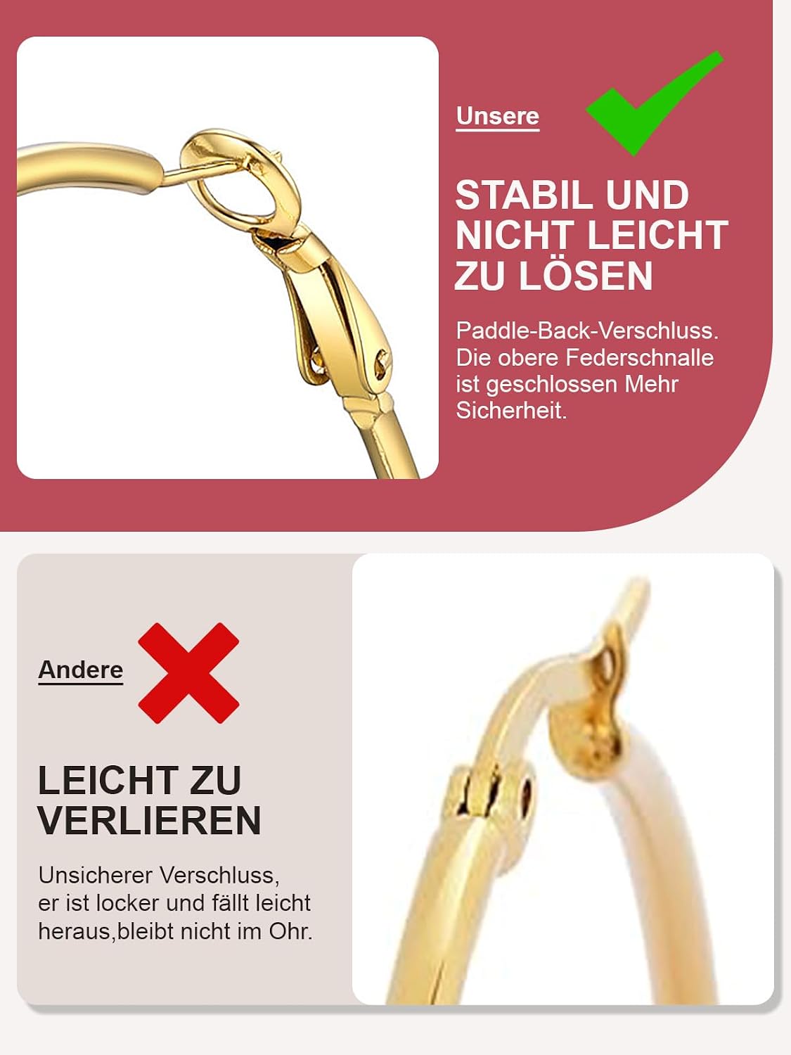 Detalle de FOCALOOK Creolen aus Edelstahl für Damen (30/50/70/100 mm) – Rund, Silber/Gold/Schwarz