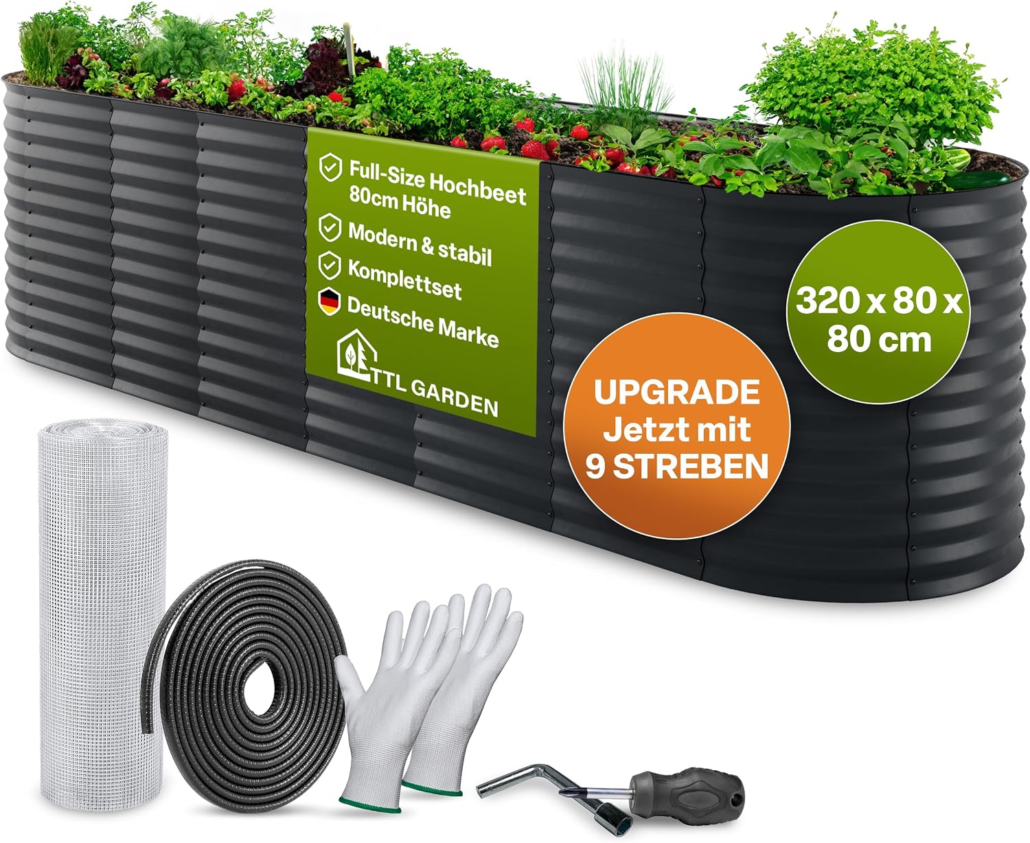 Detalle de TTL GARDEN Elegance XL Metall-Hochbeet 320x80x80 cm in Anthrazit (ovale Wellblech-Form)