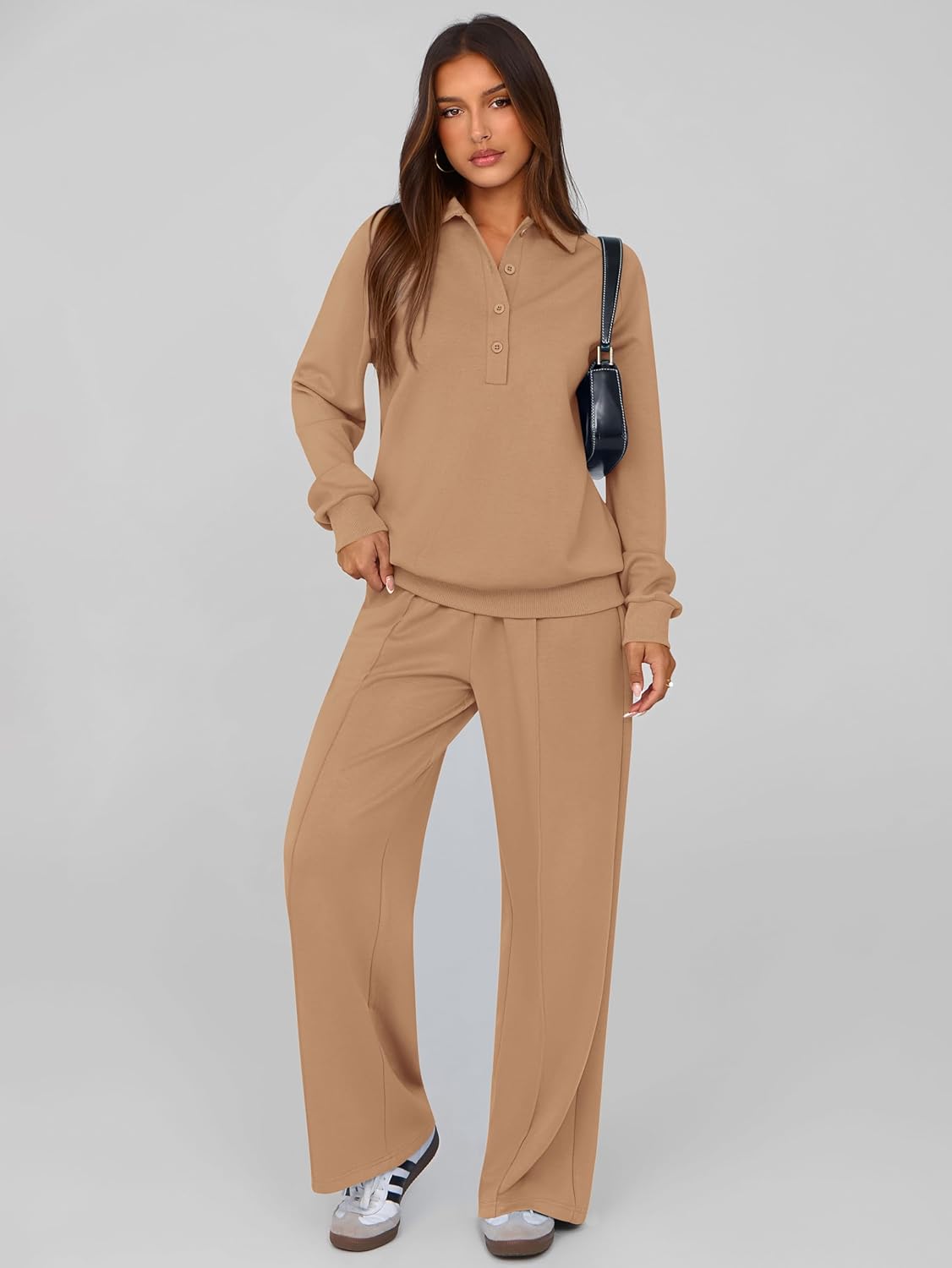 Detalle de PRETTYGARDEN Women Fall 2 Piece Outfits Sweatsuit (Quarter Button Long Sleeve Sweatshirt & Wide Leg Pants)