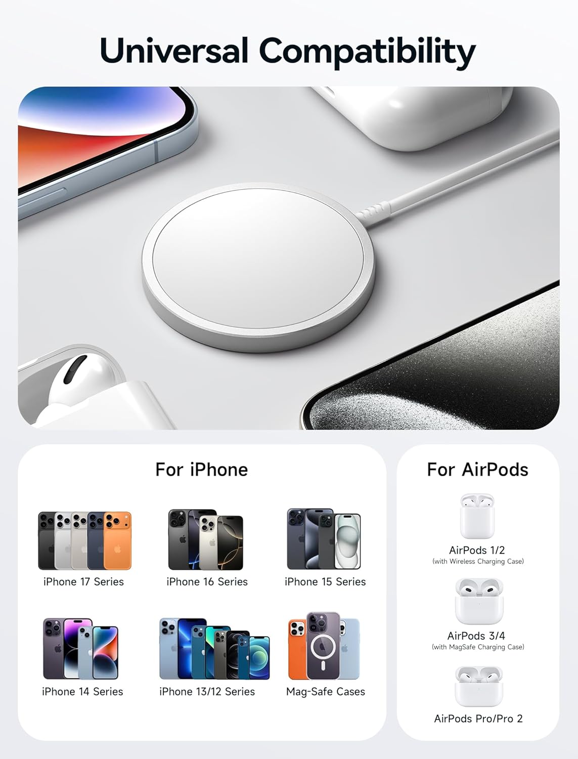 Thumbnail 4 de JSAUX 15W Mag-Safe Ladegerät – magnetisches kabelloses Wireless Charger Pad (iPhone & AirPods, silber)