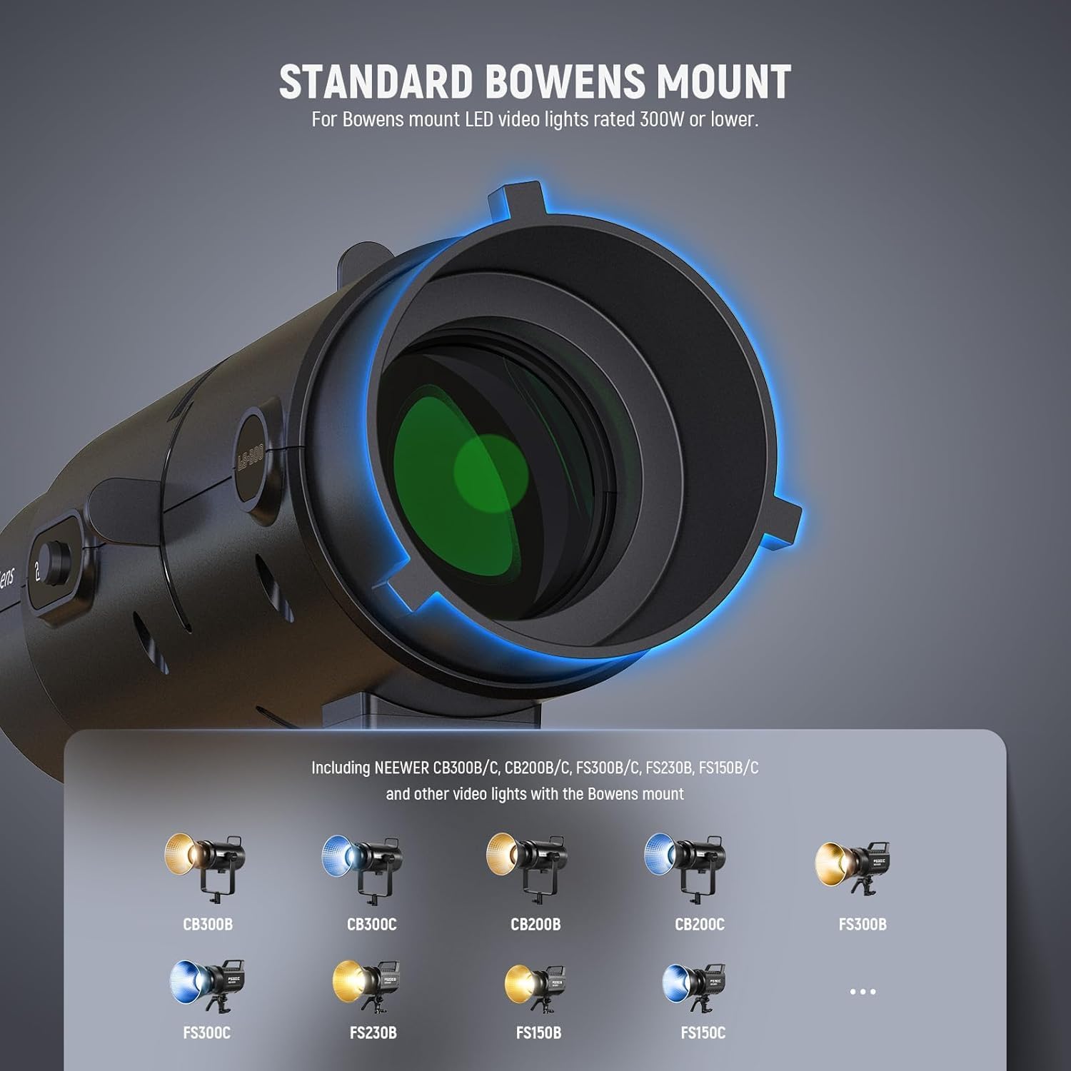 Thumbnail 2 de NEEWER LS-300 Spotlight Optical Snoot for 300W Bowens Mount LED video lights with 16 gobo projection lens