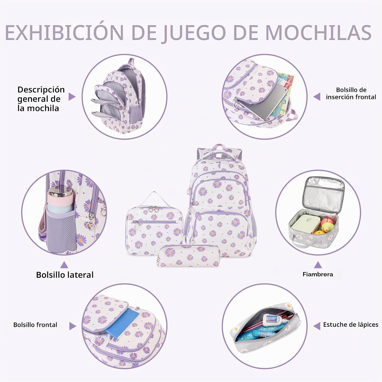 Detalle de SIVENKE Mochila Escolar para Niñas y Adolescentes – Beige con Bolsa para almuerzo y estuche