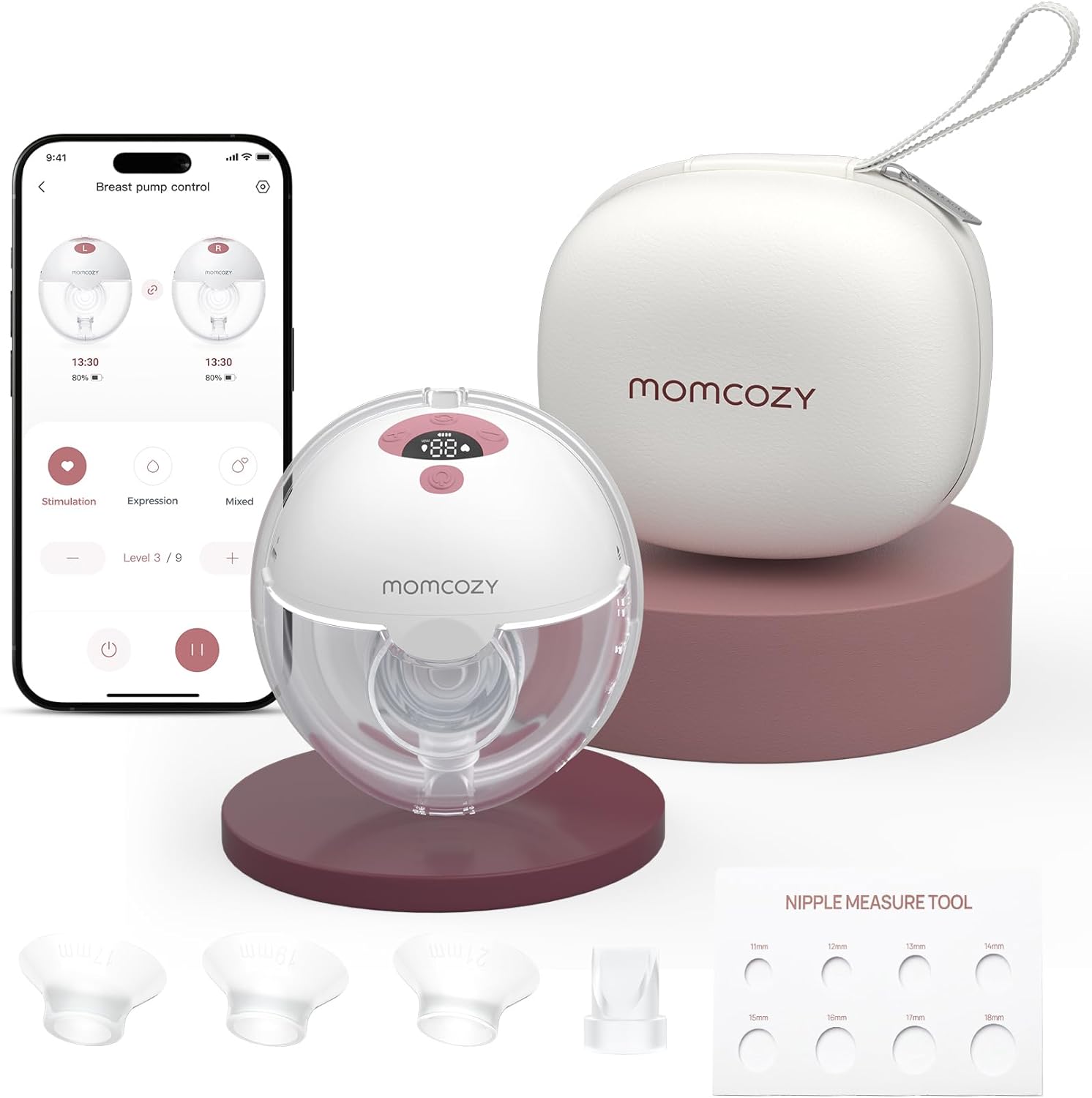 Detalle de Momcozy M5 Smart Breast Pump: APP‑Controlled, Wearable, Hands‑Free in Cozy Red