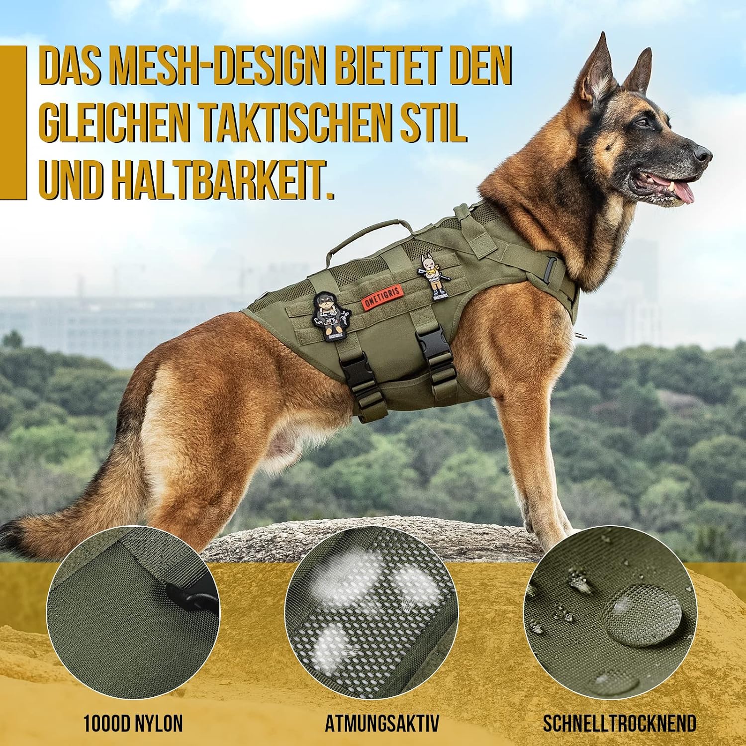 Detalle 2 de OneTigris Hundegeschirr Mittelgroße Hunde – Air Mesh Anti‑Pull Tactical Geschirr mit 2 Griffe (Größe M)