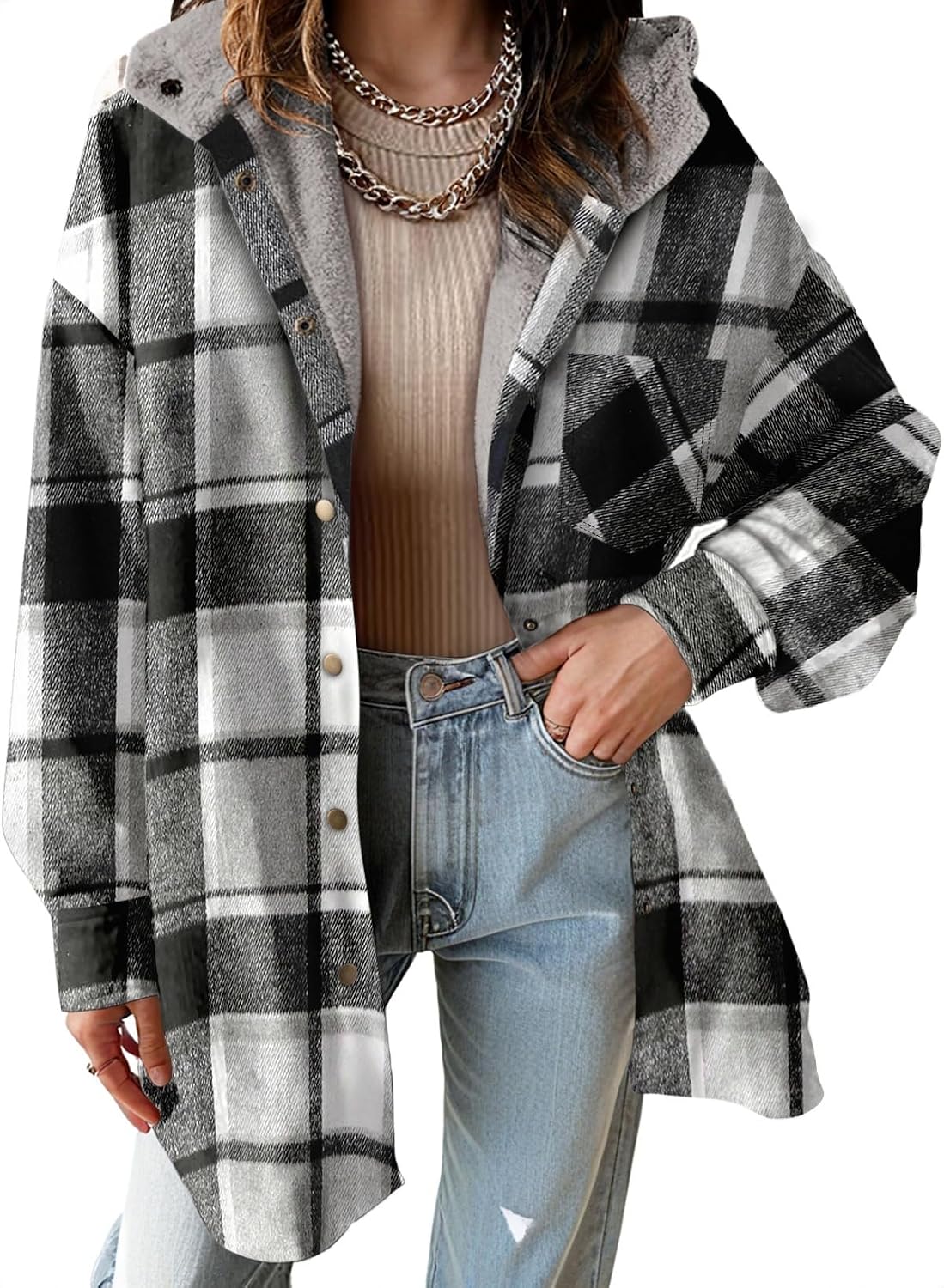 Detalle 2 de Dokotoo 2025 Flannel Hooded Plaid Shacket — Fleece Jacket
