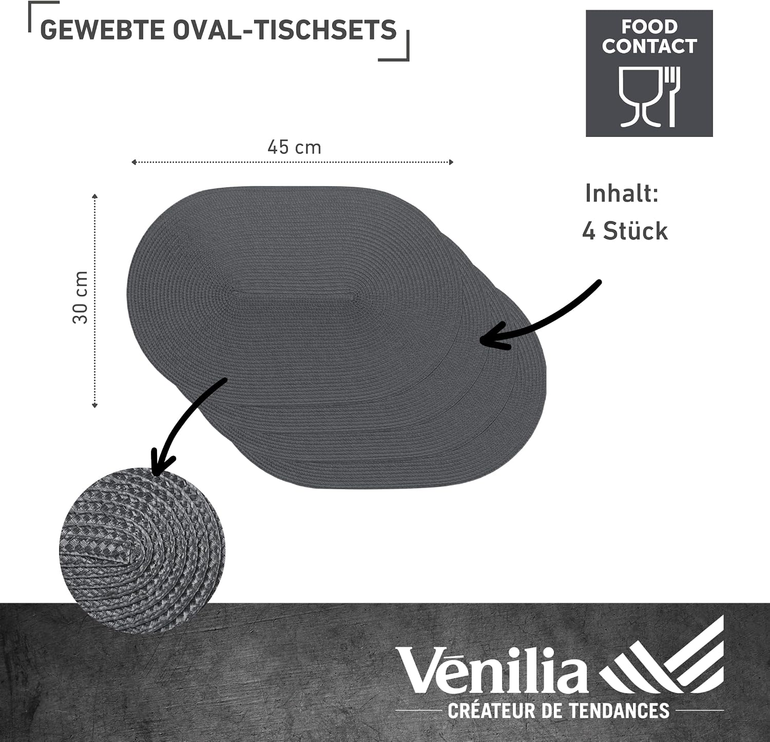 Thumbnail 1 de Venilia Tischset Grau Oval 45 × 30 cm im 4er-Set – gewebt, lebensmittelecht, platzdeckchen