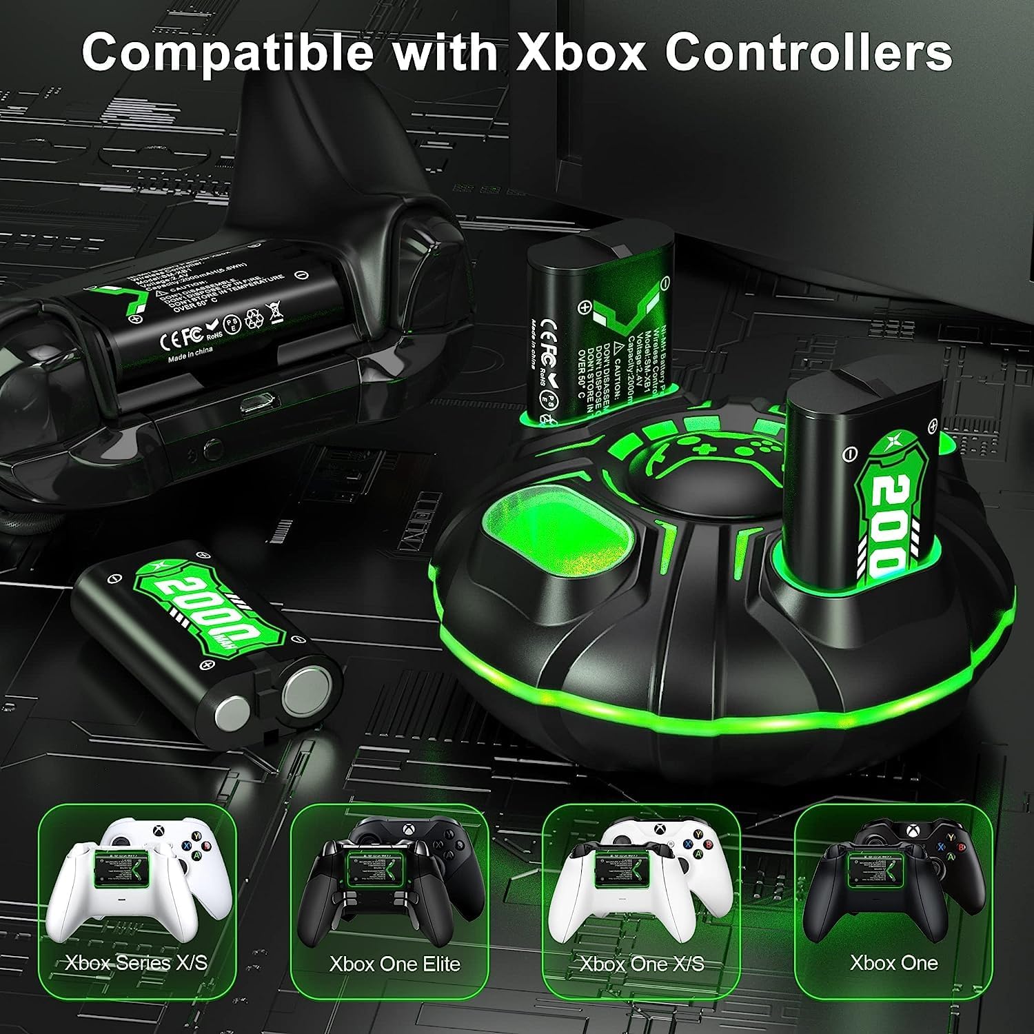 Detalle de Akku für Xbox Series X/S und Xbox One Controller – 4x2000mAh Schnelllade-Set mit RGB-LED