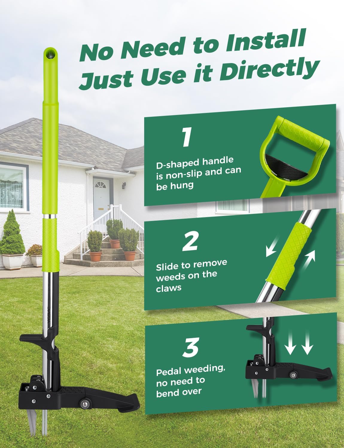 Detalle de YISSVIC Stand-Up Weed Puller with 4 Claws – Adjustable Telescopic Stainless Steel Root Remover