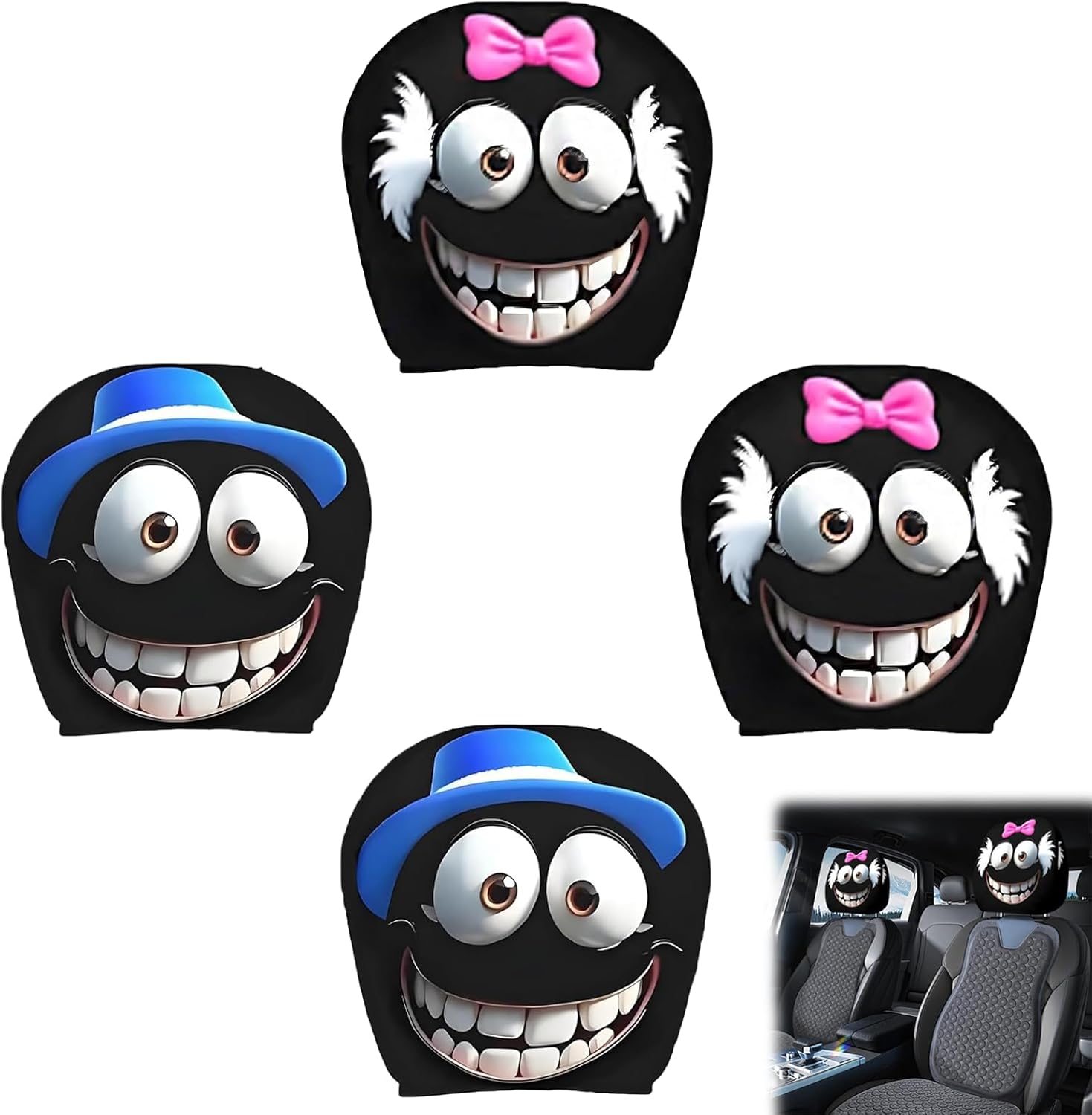 Detalle de Xiciki 4PCS Car Headrest Covers – Cartoon Eye Design, Elastic, Universal Fit (2 Pink, 2 Blue)