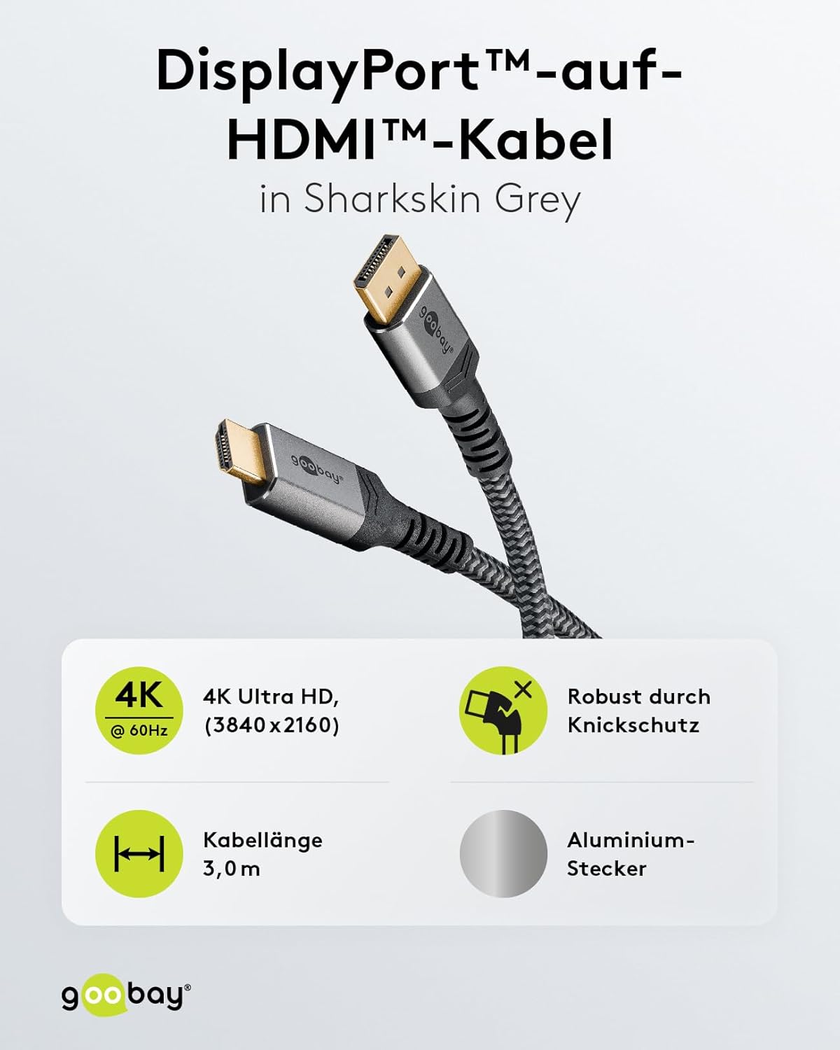 Detalle de goobay 65270 DisplayPort 1.2 zu HDMI 2.0 Kabel – 3 m, unidirektional, 4K @ 50/60 Hz
