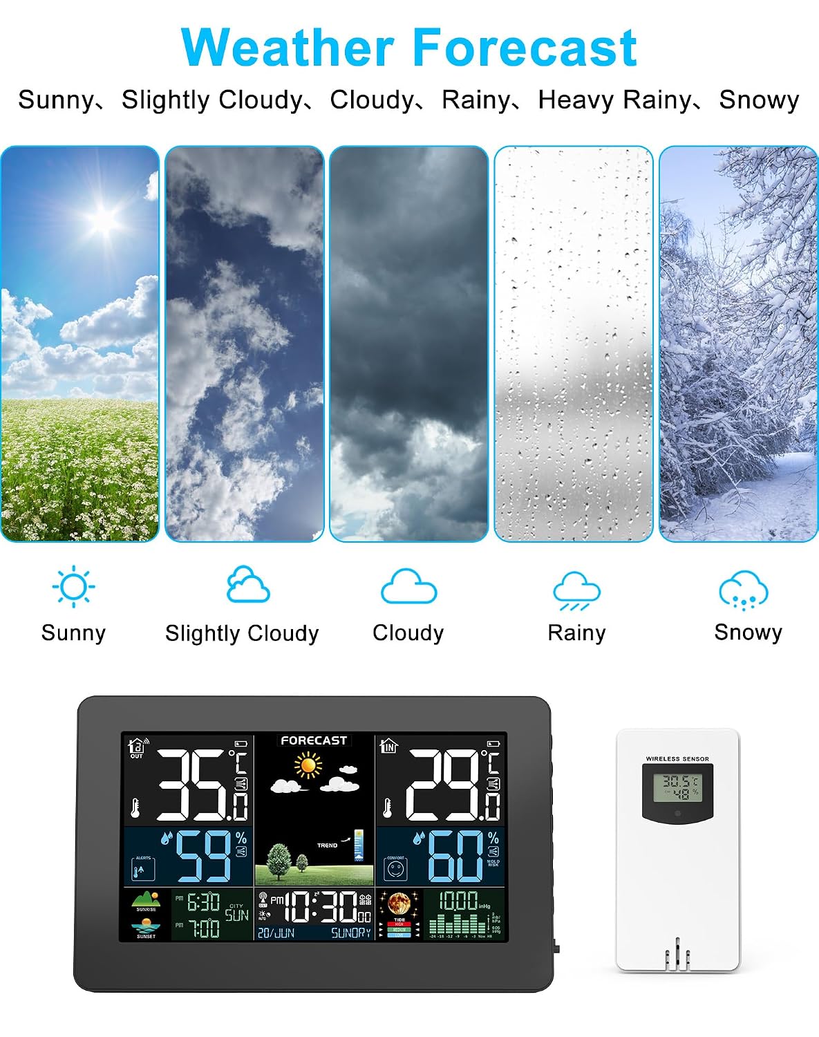 Detalle de Stazione Meteo con Sensore Esterno: display colorato, previsioni e sensori multipli