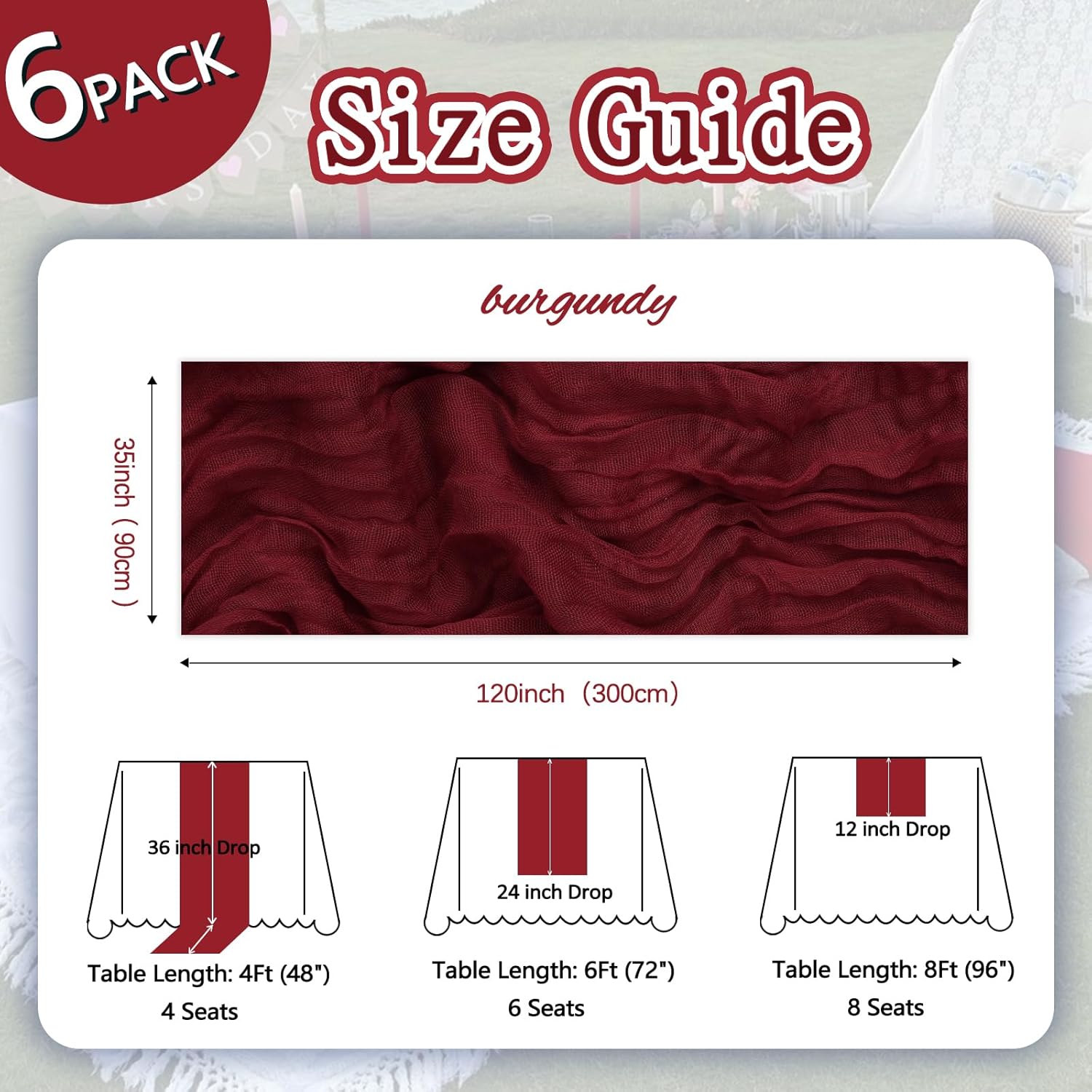 Thumbnail 1 de 6 Pack Burgundy Cheesecloth Table Runner (35 x 120 Inch) Boho Gauze Sheer Table Décor for Holidays, Baby Showers, Weddings & Parties