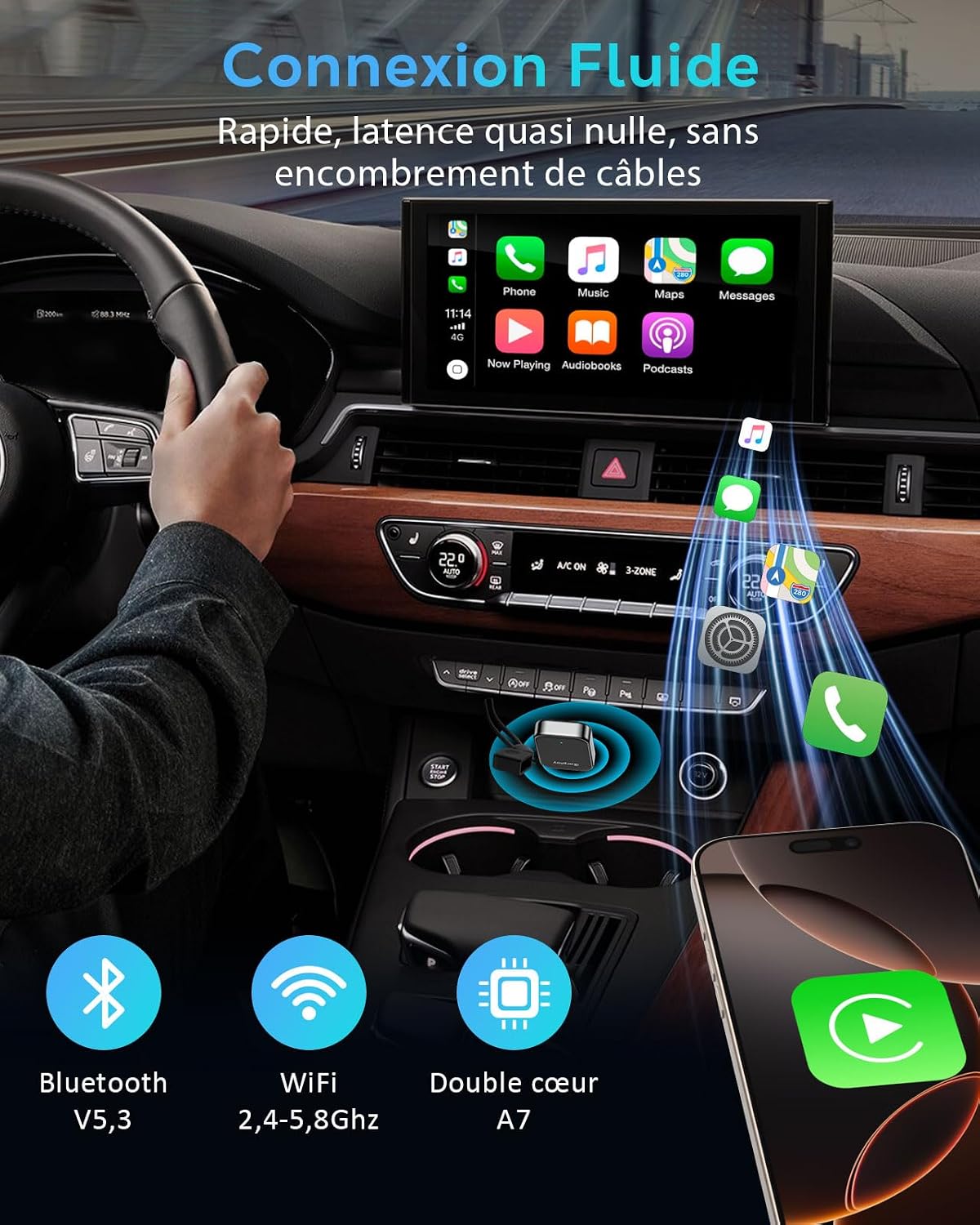 Detalle de Adaptateur CarPlay sans Fil pour Apple iPhone – 2025 (Plug & Play, WiFi 6 / Bluetooth 5.3)
