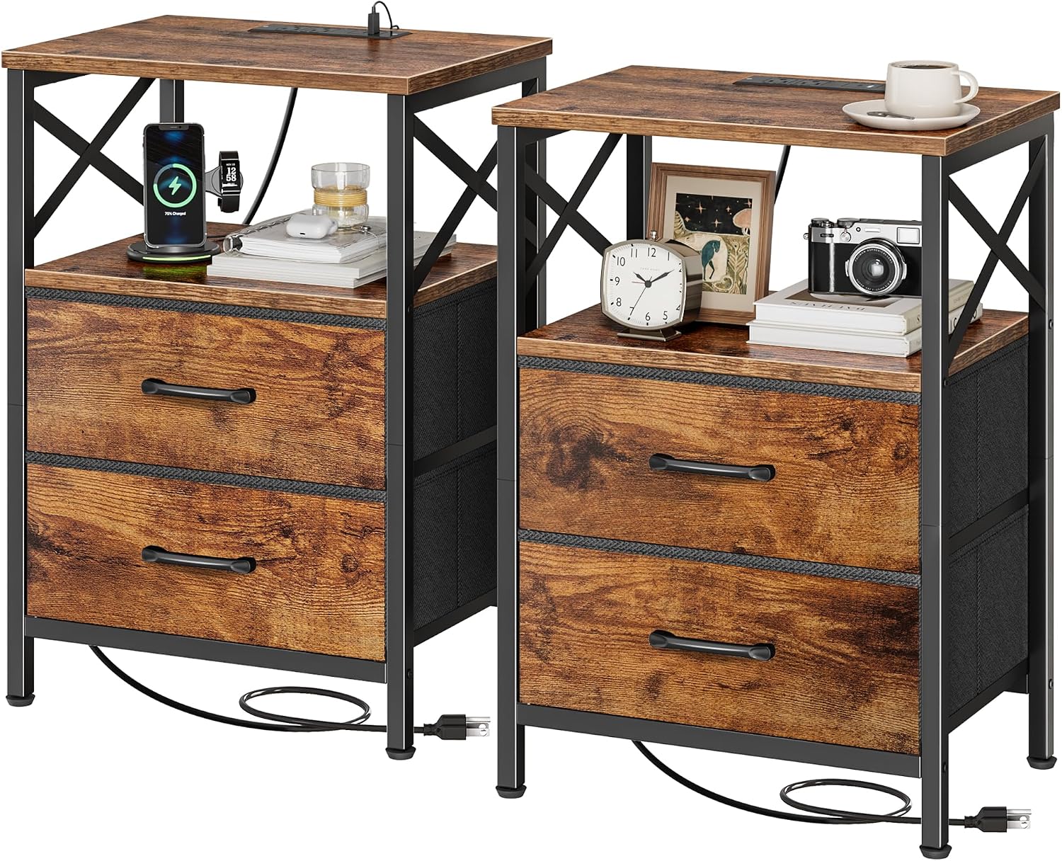 Detalle de Huuger Nightstand with Charging Station, Rustic Brown