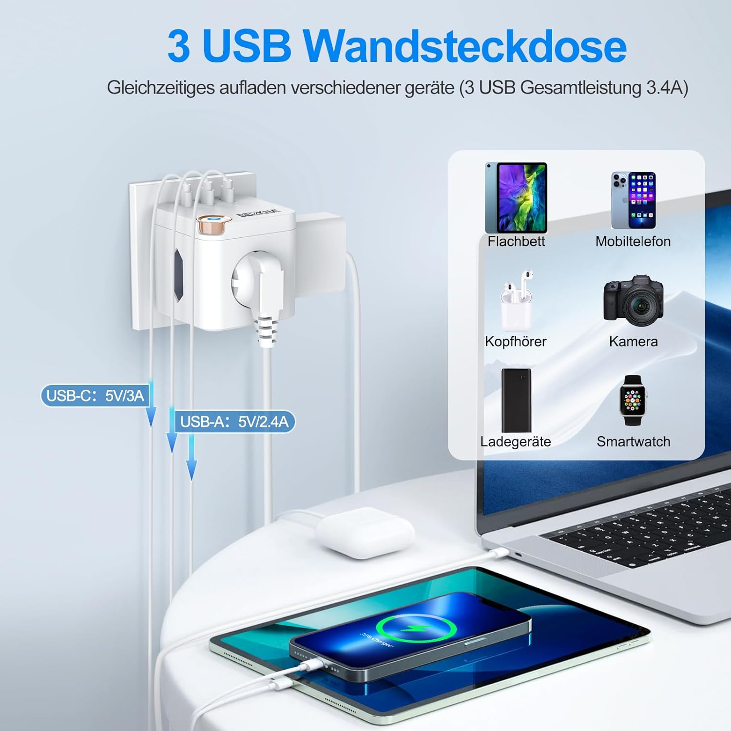 Thumbnail 2 de Beizkna Steckdosenwürfel ohne Kabel – 3-fach Mehrfachsteckdose mit USB‑C, 6‑in‑1 Würfeladapter (weiß)