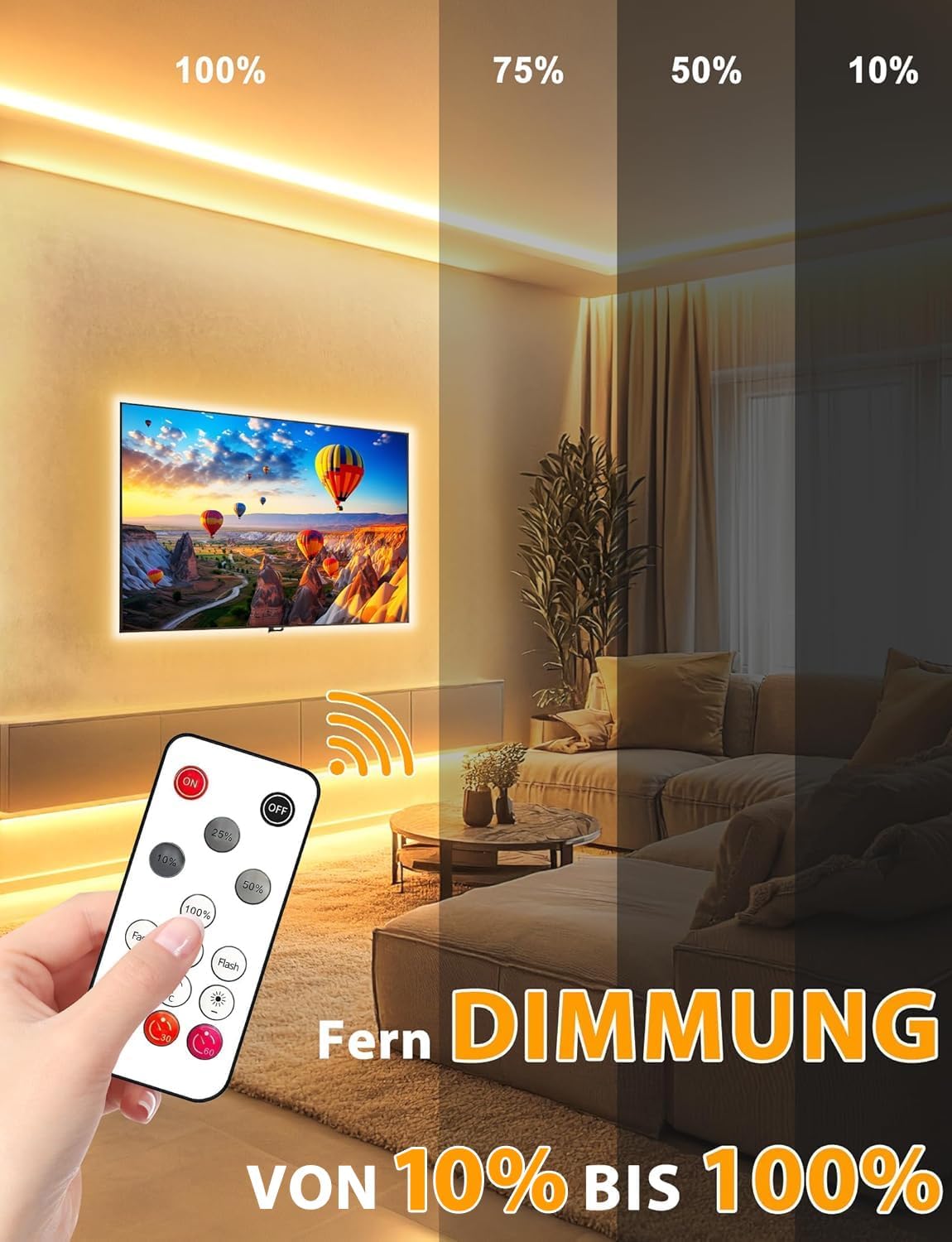 Detalle 2 de Lamomo COB LED-Streifen warmweiß dimmbar 5 m mit Fernbedienung (IP65, 10 mm breit, CRI90+)