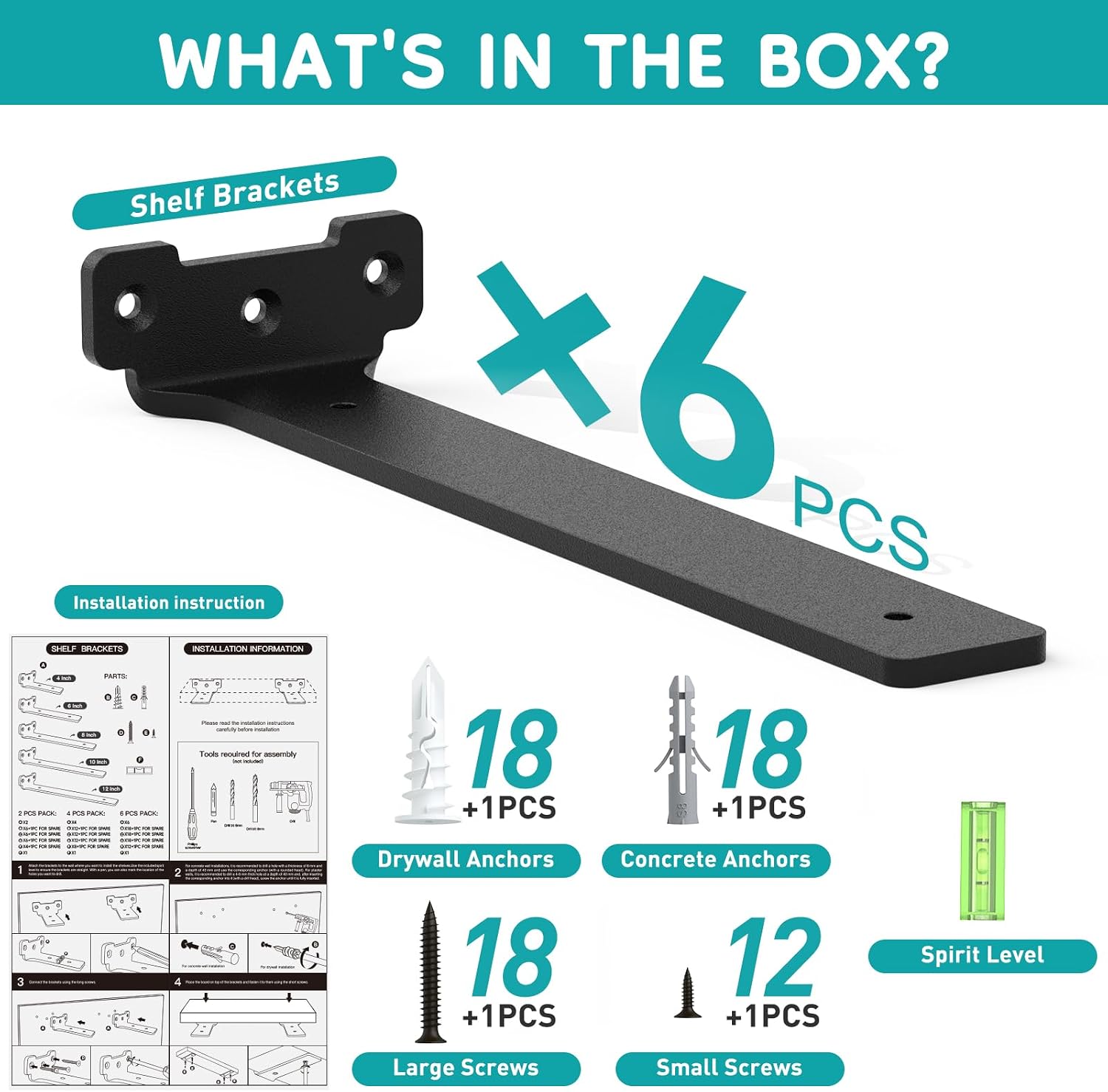 Thumbnail 6 de Yeabett 6-Pack 30cm Right Angle Floating Shelf Brackets – Black, 70kg Load