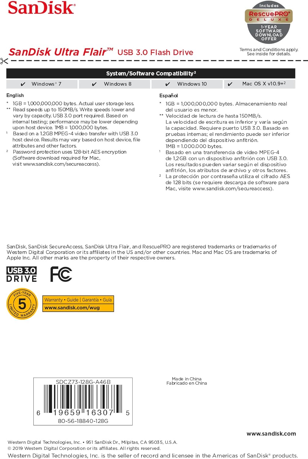 Detalle 2 de SanDisk Ultra Flair USB 3.0 128GB, Velocidad 150 MB/s, Azul