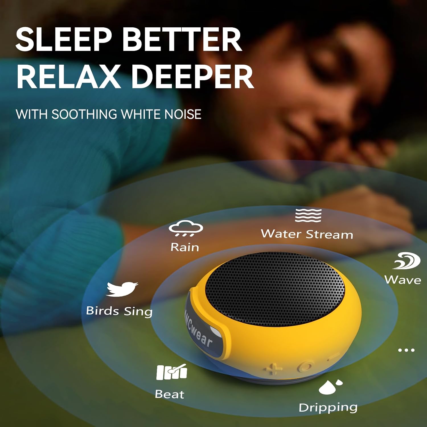 Detalle de ANCwear Wearable Bluetooth Speaker with Clip (Yellow) — IPX6, 3W, 9.5h Playtime