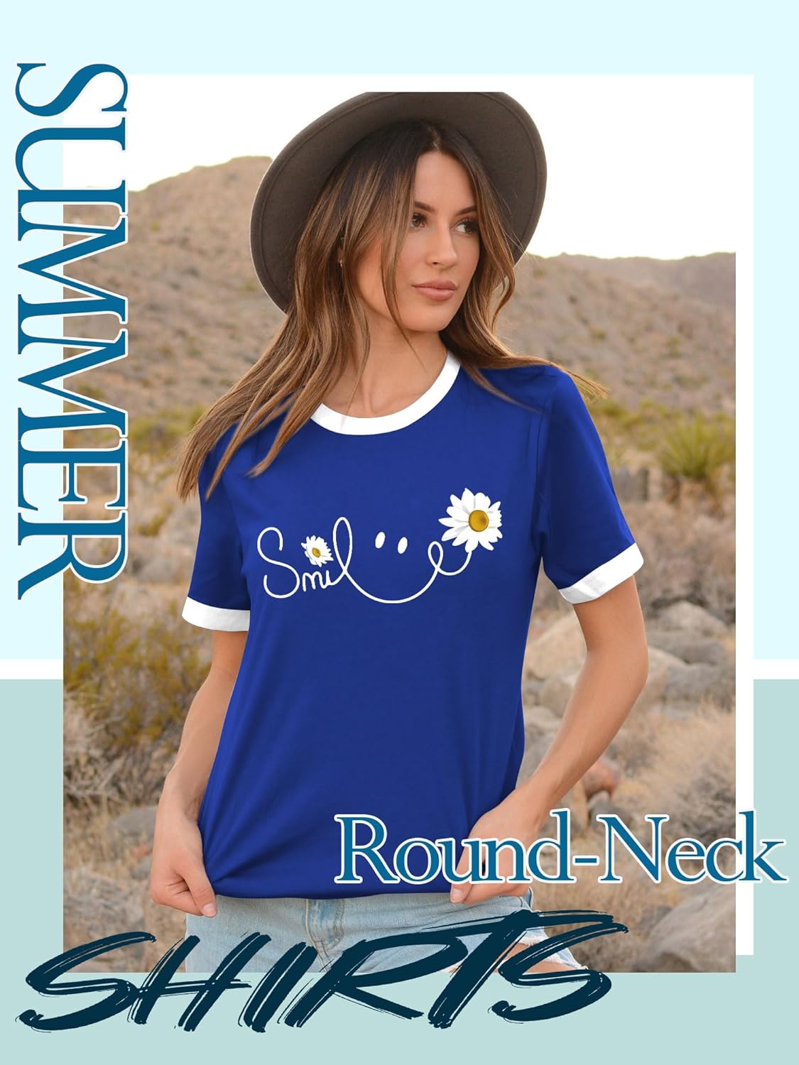 Thumbnail 1 de Yihelian Damen Kurzarm-Shirt mit Rundhalsausschnitt und „Smile“-Daisy-Print