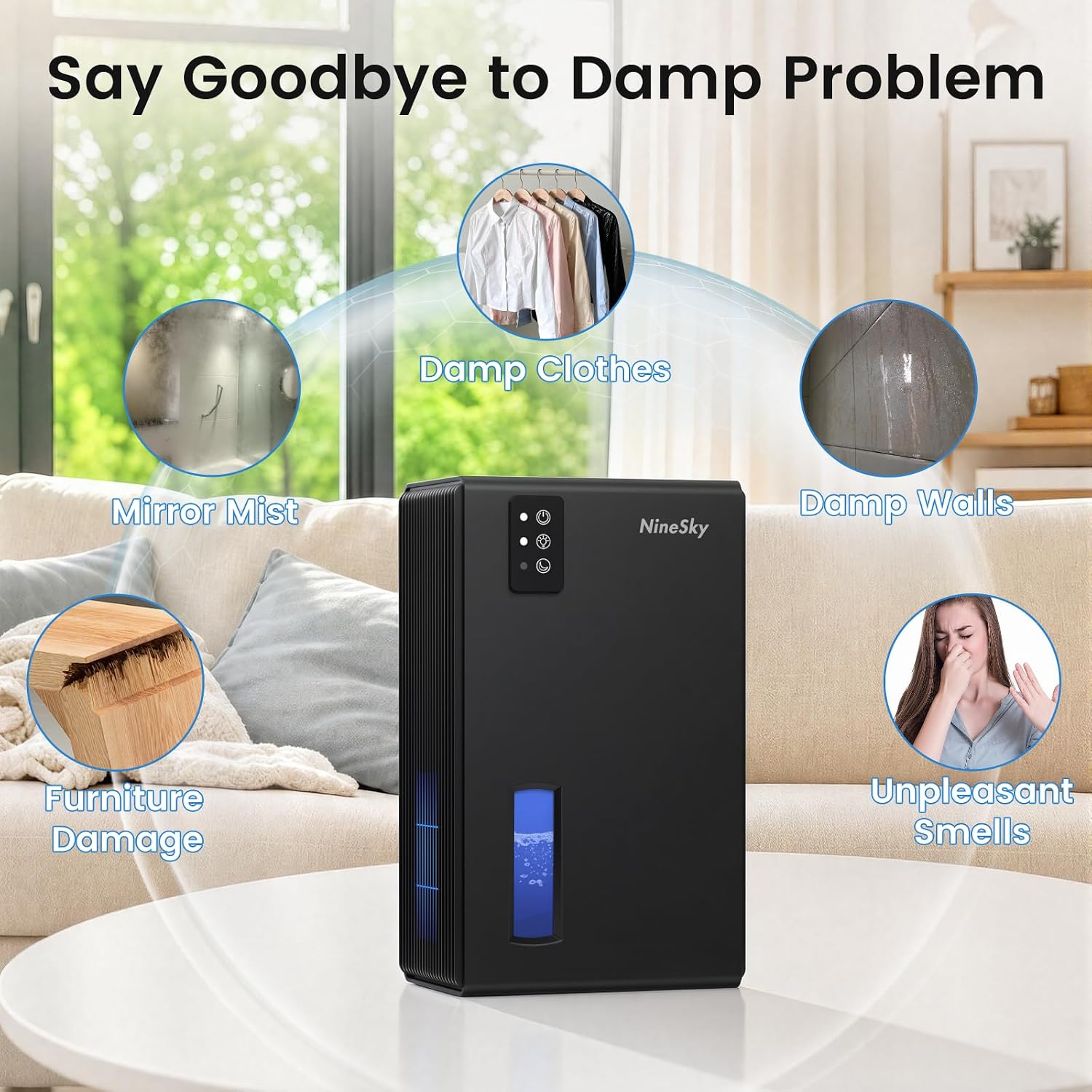 Detalle de NineSky 1000 Sq. Ft Dehumidifier with 95oz Tank, 7-Color Ambient Light, and Auto Shut Off