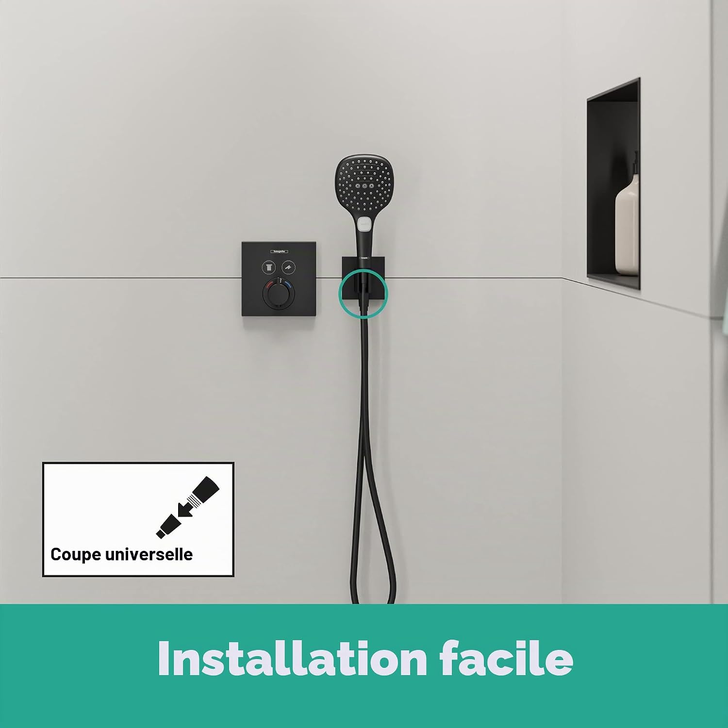 Detalle de Hansgrohe Coude de raccordement avec support Fixfit E – Douchette murale noir mat (26889670)