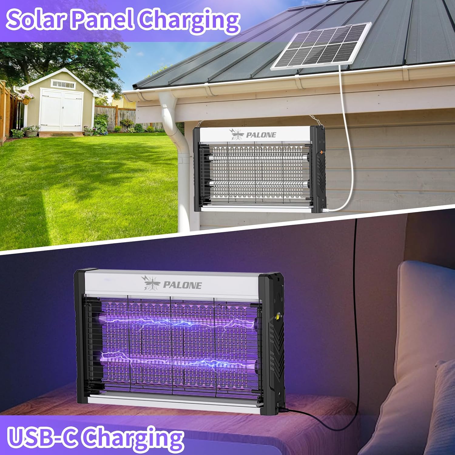 Thumbnail 1 de PALONE Bug Zapper with solar charging and 4000V UV trap (365nm) for indoor fly and mosquito control